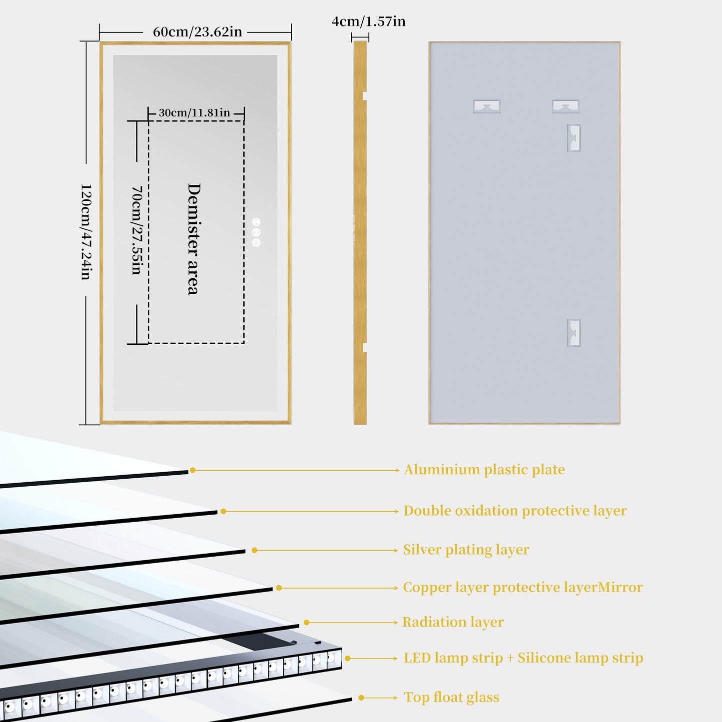 LUVODI Rctangular LED Bathroom Mirror with Gold Aluminum Alloy Narrow Frame Defogging 3 Color