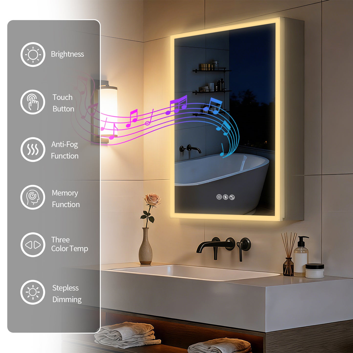 Luvodi - Armario de baño con espejo LED, altavoz Bluetooth, botiquín iluminado y toma de corriente (50 x 70 cm)