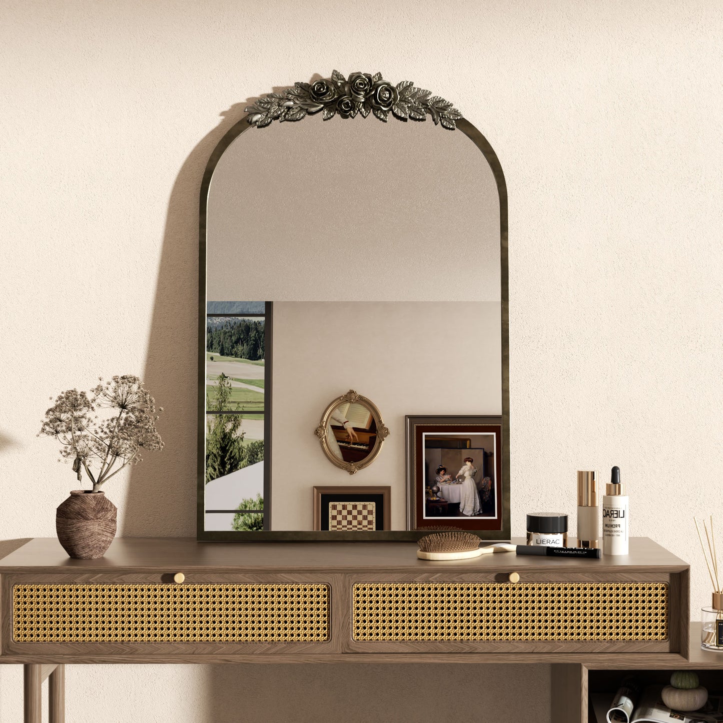 Vintage Arched Art Mirror with Flower Relief Frame for Living Room, Fireplace, 23.8”x36”