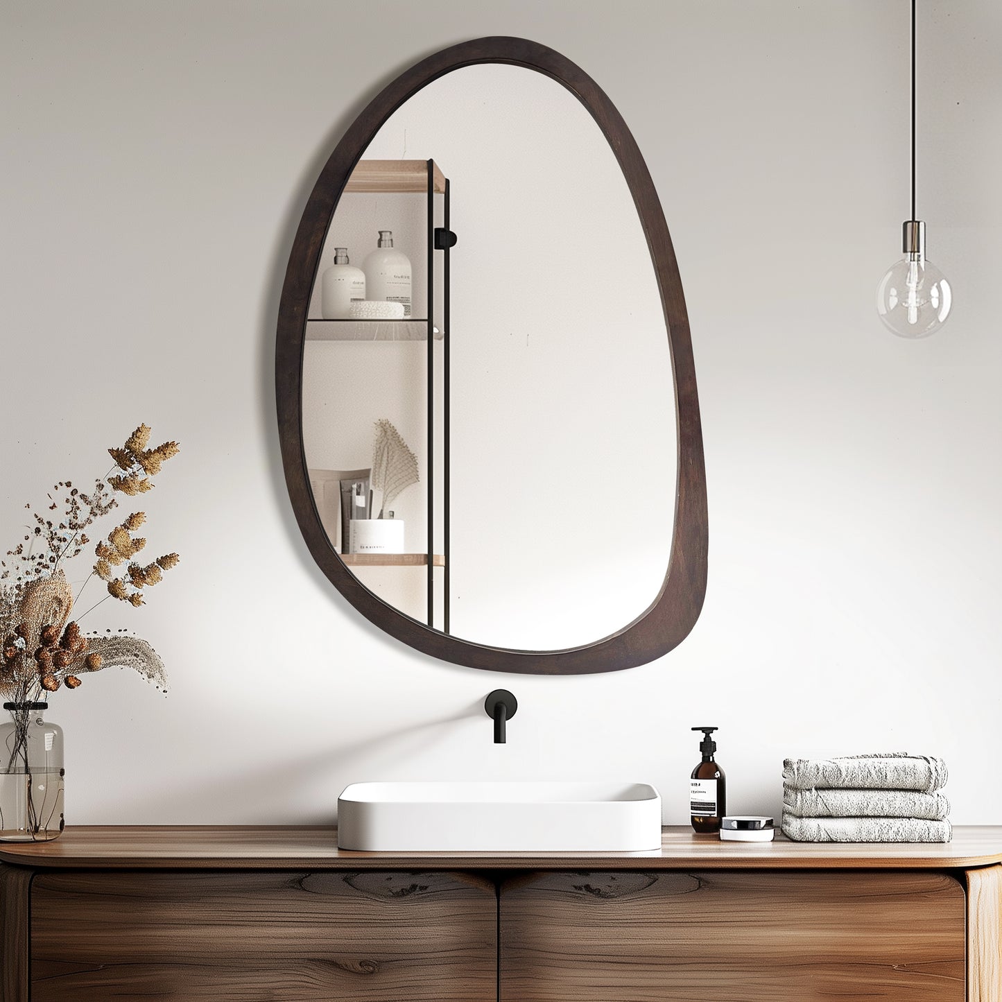 Modern Farmhouse Decorative Asymmetrical Wall Mirror Black Walnut Wood Framed