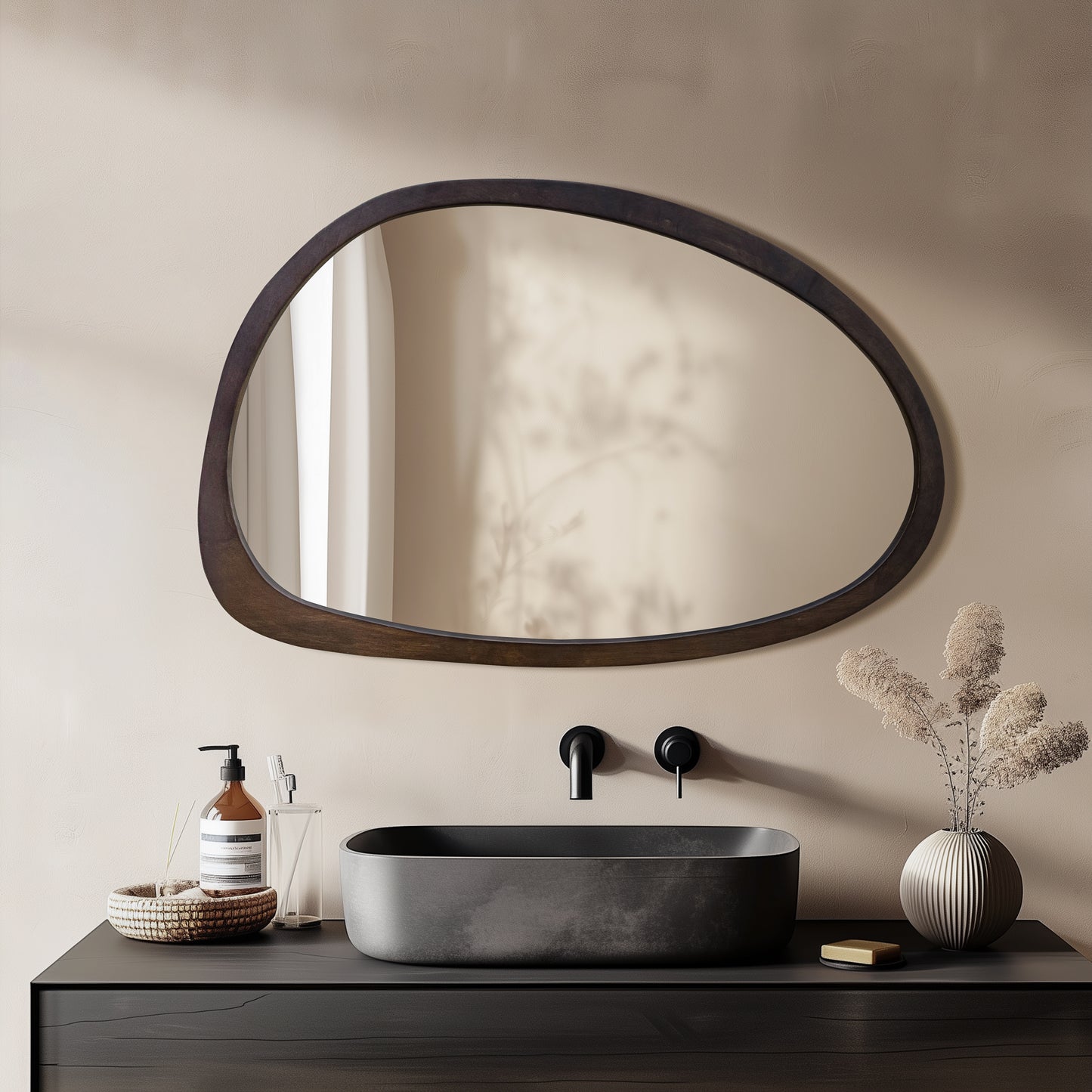 Modern Farmhouse Decorative Asymmetrical Wall Mirror Black Walnut Wood Framed