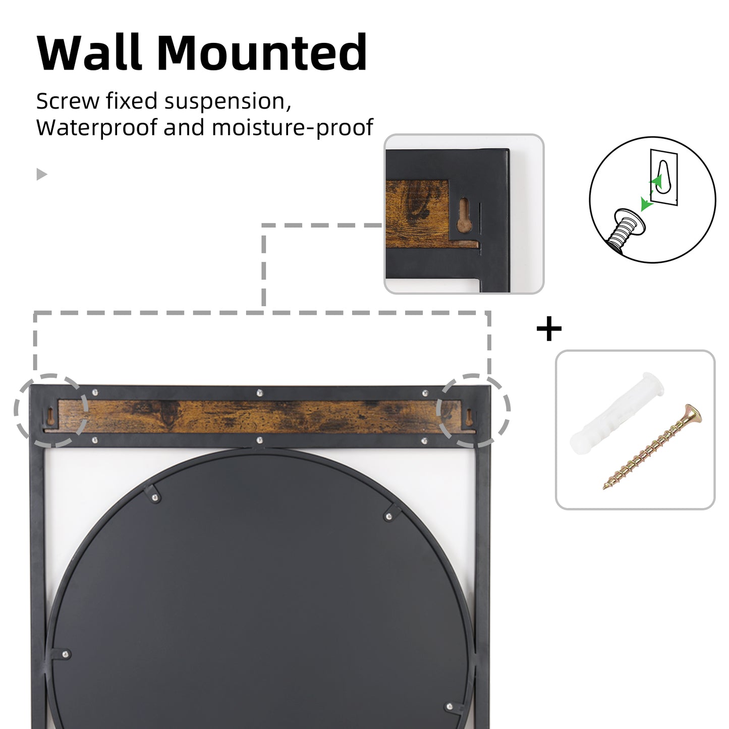 Industrial Retro Metal Round Wall Mirror with Square Wood Frame