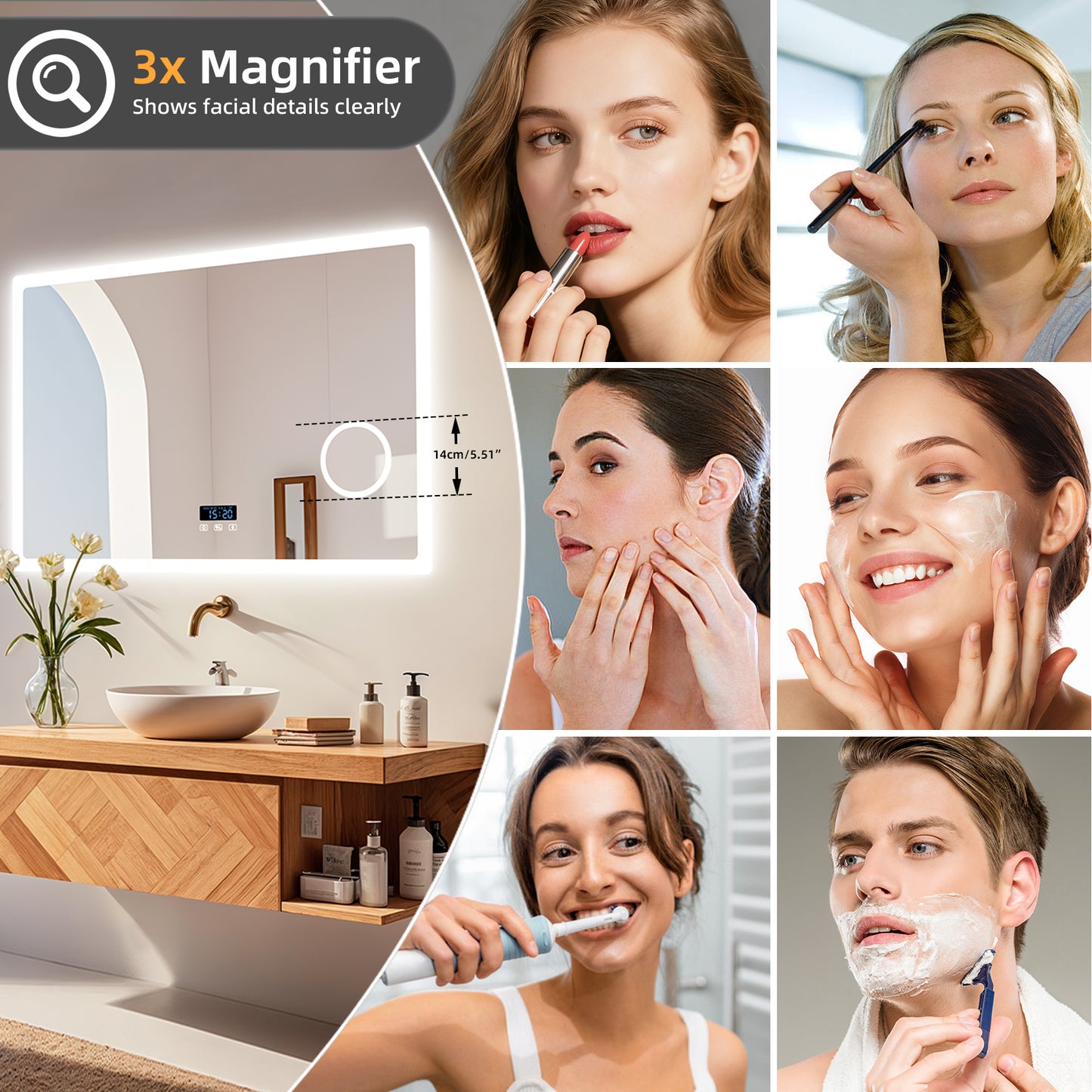 LUVODI Bluetooth Bathroom Mirror With 3X Magnifying, Time/Date Display Makeup Mirror