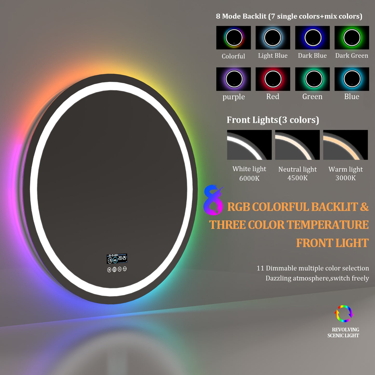LUVODI Round LED Bluetooth Bathroom Mirror with RGB Backlit