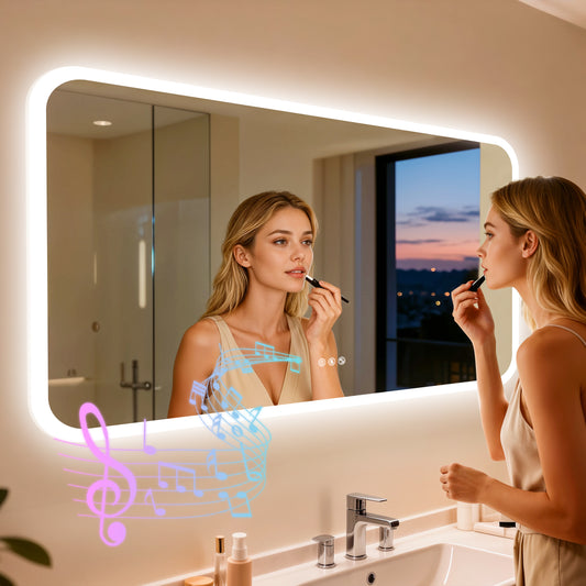 LUVODI Rounded Corner LED Mirror with Bluetooth Speaker Lighted Bathroom Vanity Mirror