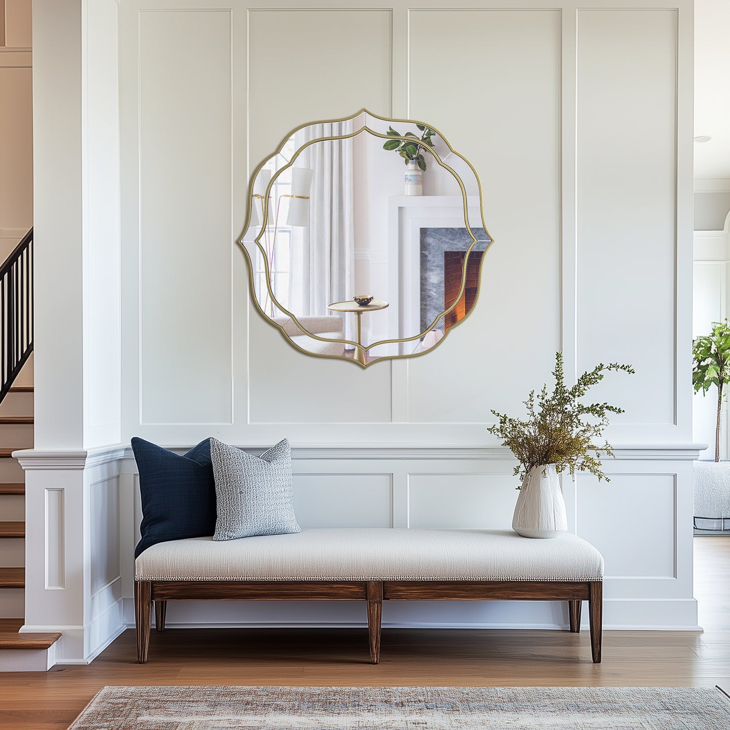 Flower-shaped Silver Glass Wall Decor Mirror Beveled Gold Rim Accent Mirror for Hallway, Living Room