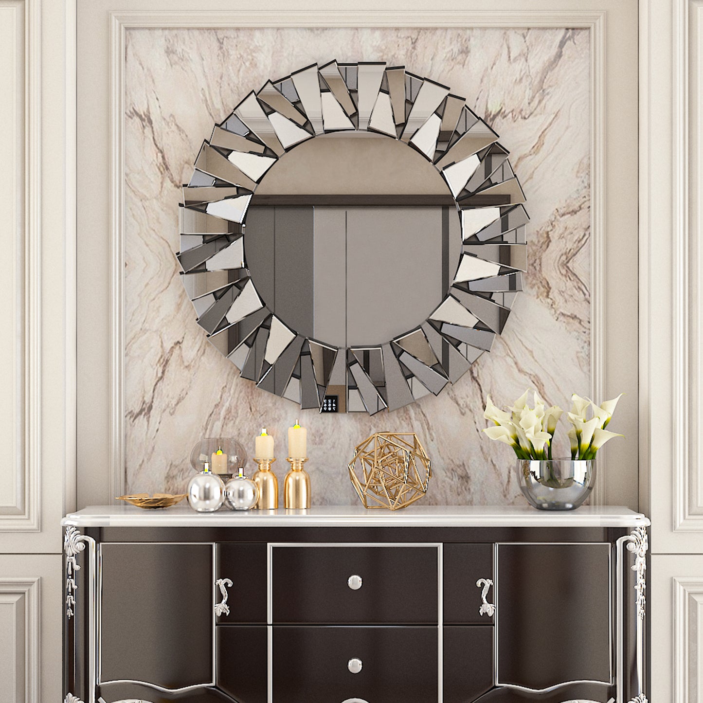 31.5” Round Wall-mounted Sunburst Mirror Silver Glass Accent Mirror for Living Room