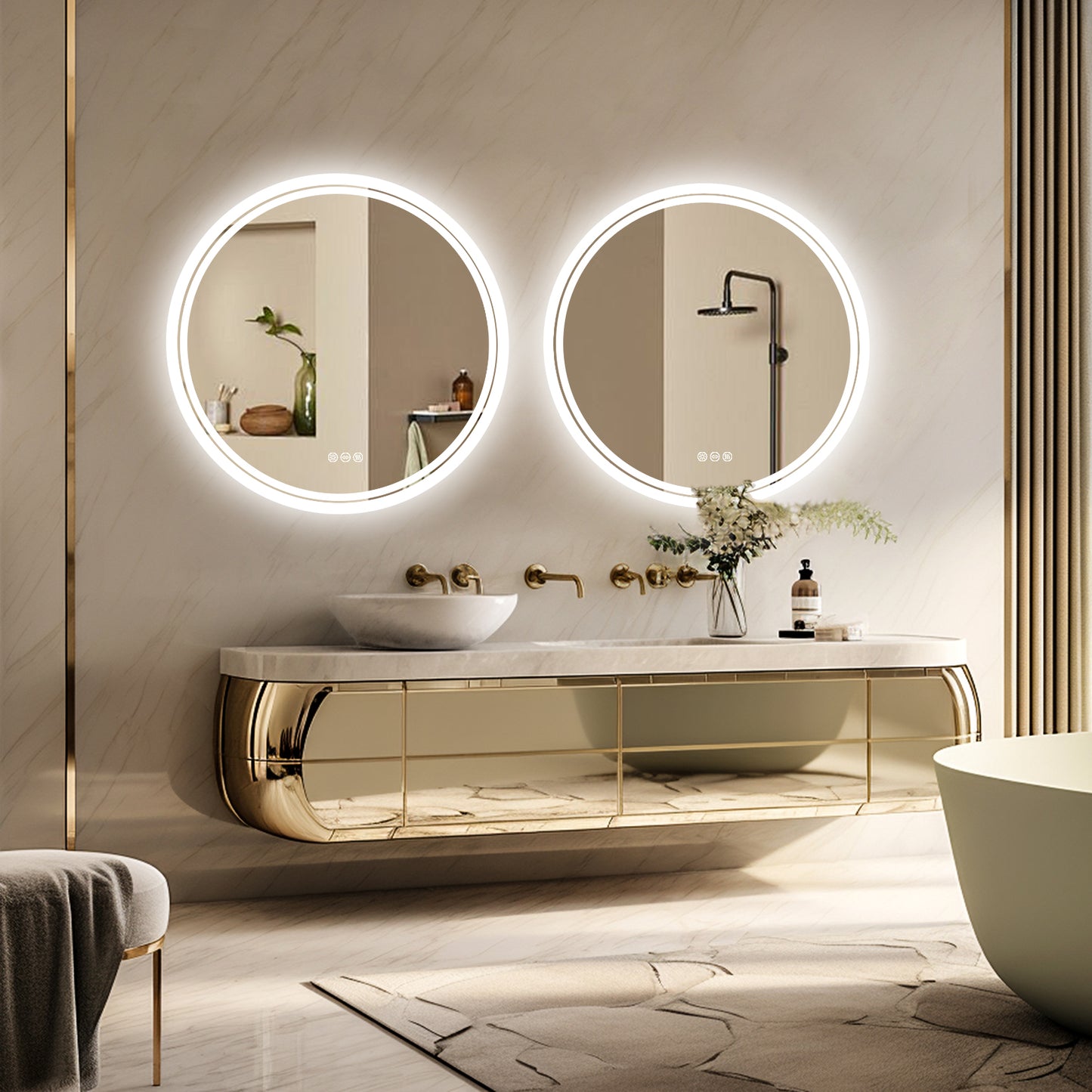 LUVODI Round Illuminated Bathroom Mirror 3 Colors Defogging Smart Mirror(Glowing Outer Edge)
