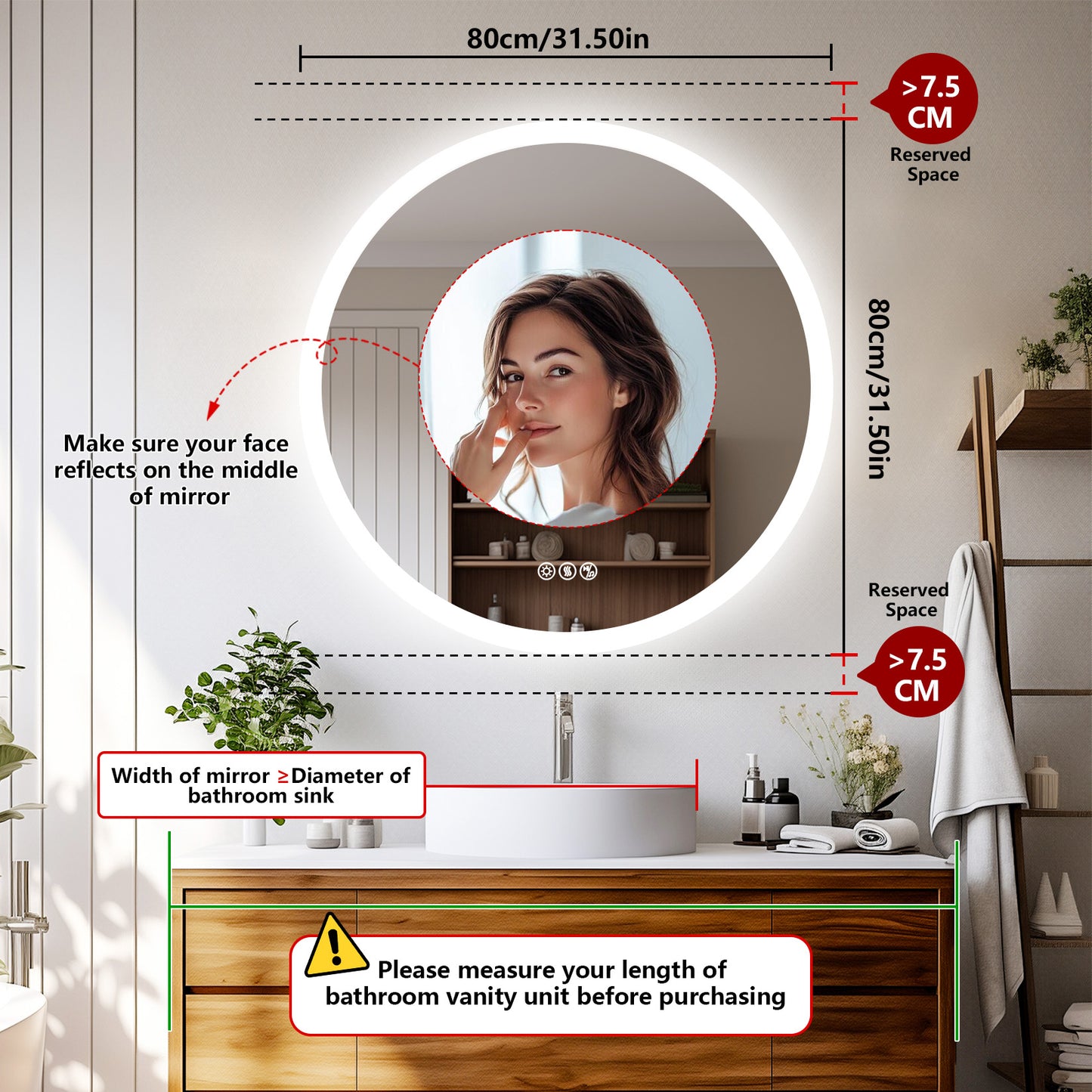 LUVODI Round Bluetooth Bathroom Mirror with Speaker, No Display 31.5 in