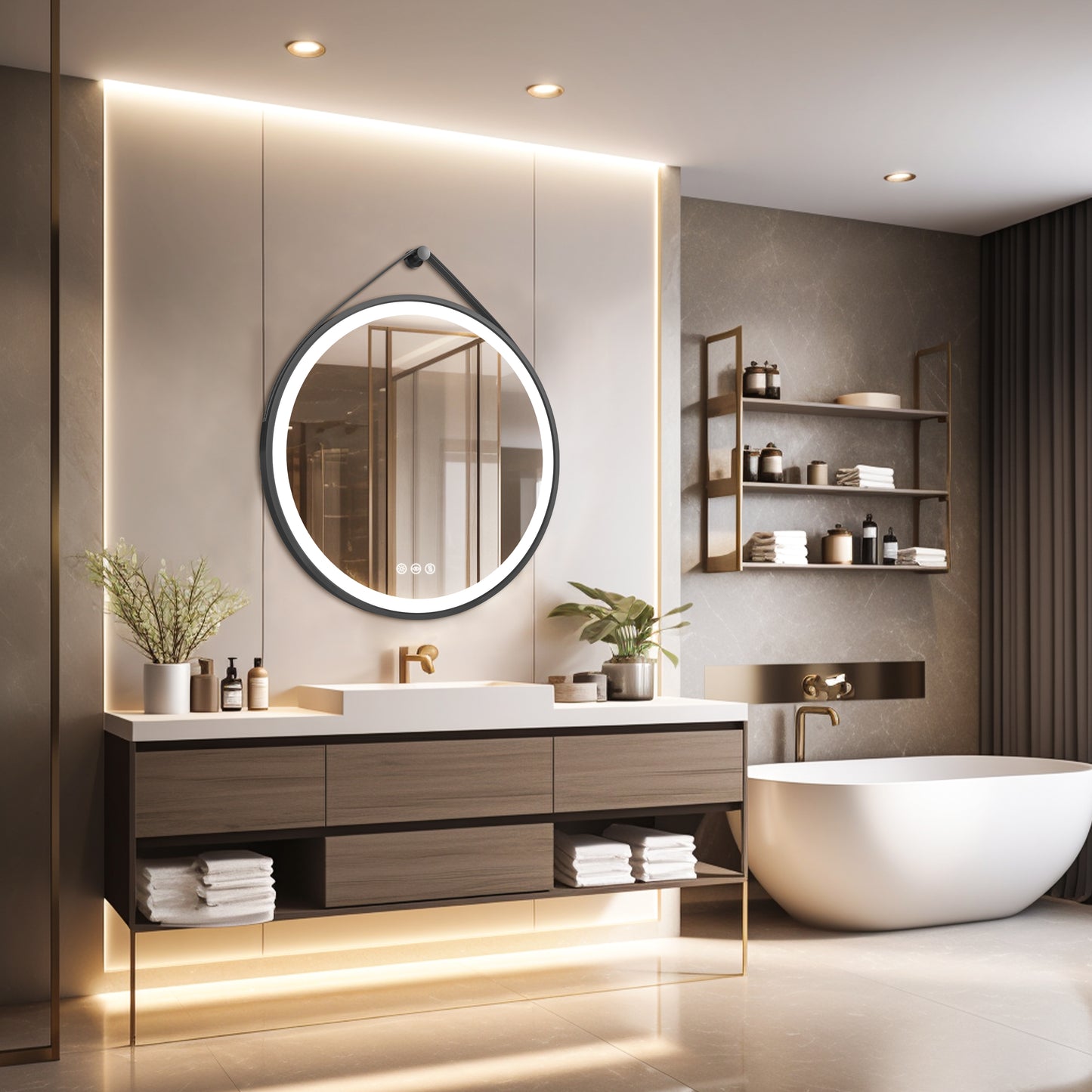 LUVODI Lighted Bathroom Mirror with Strap Round LED Bathroom Mirror