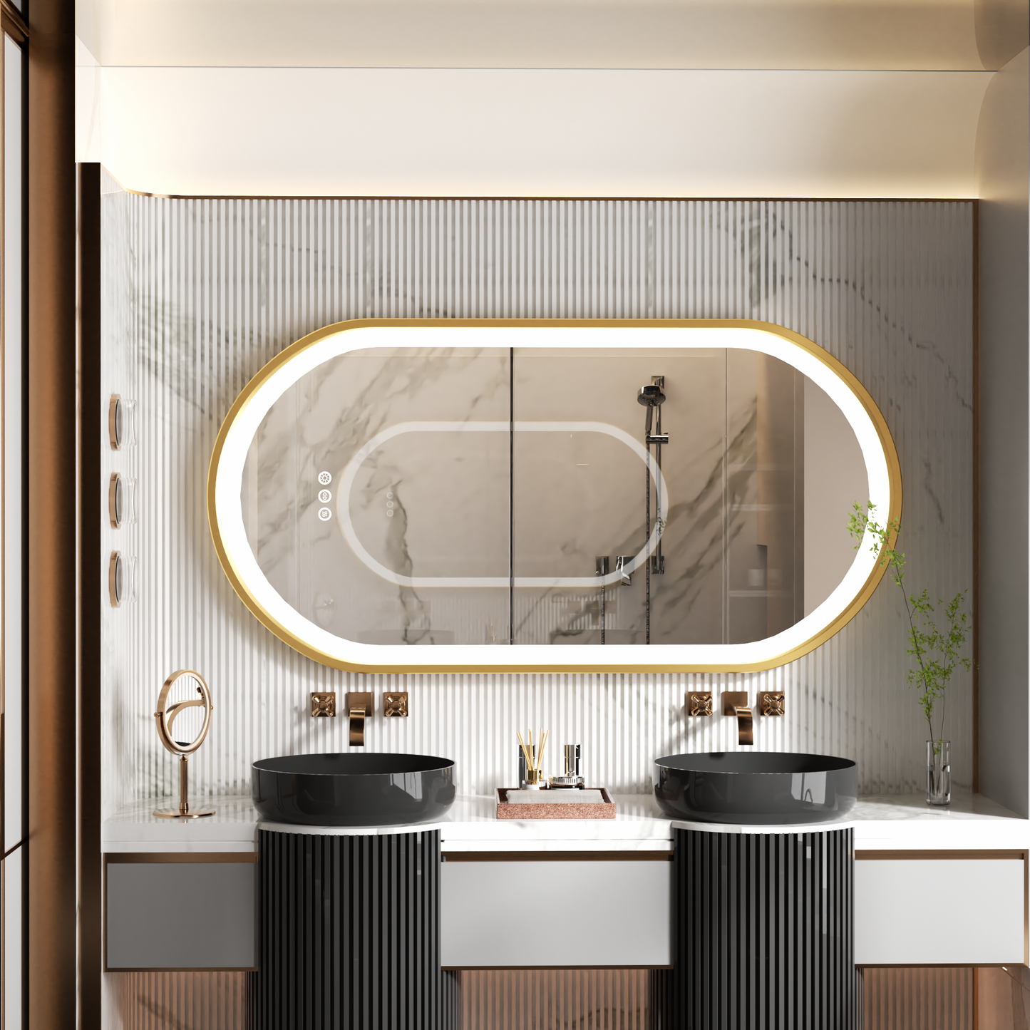 LUVODI Capsule Shape LED Bathroom Mirror with Gold Aluminum Alloy Narrow Frame Defogging 3 Color