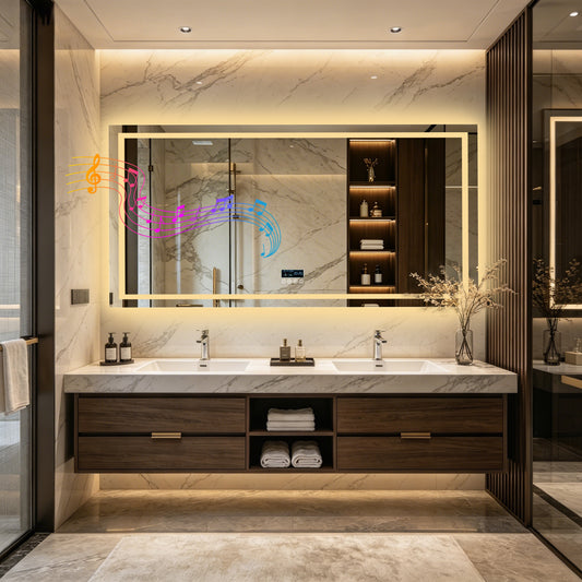 LUVODI LED Bluetooth Bathroom Mirror with Display, Rectangular Lighted Bathroom Mirror with Tempered Glass, Frontlit and Backlit Vanity Mirror