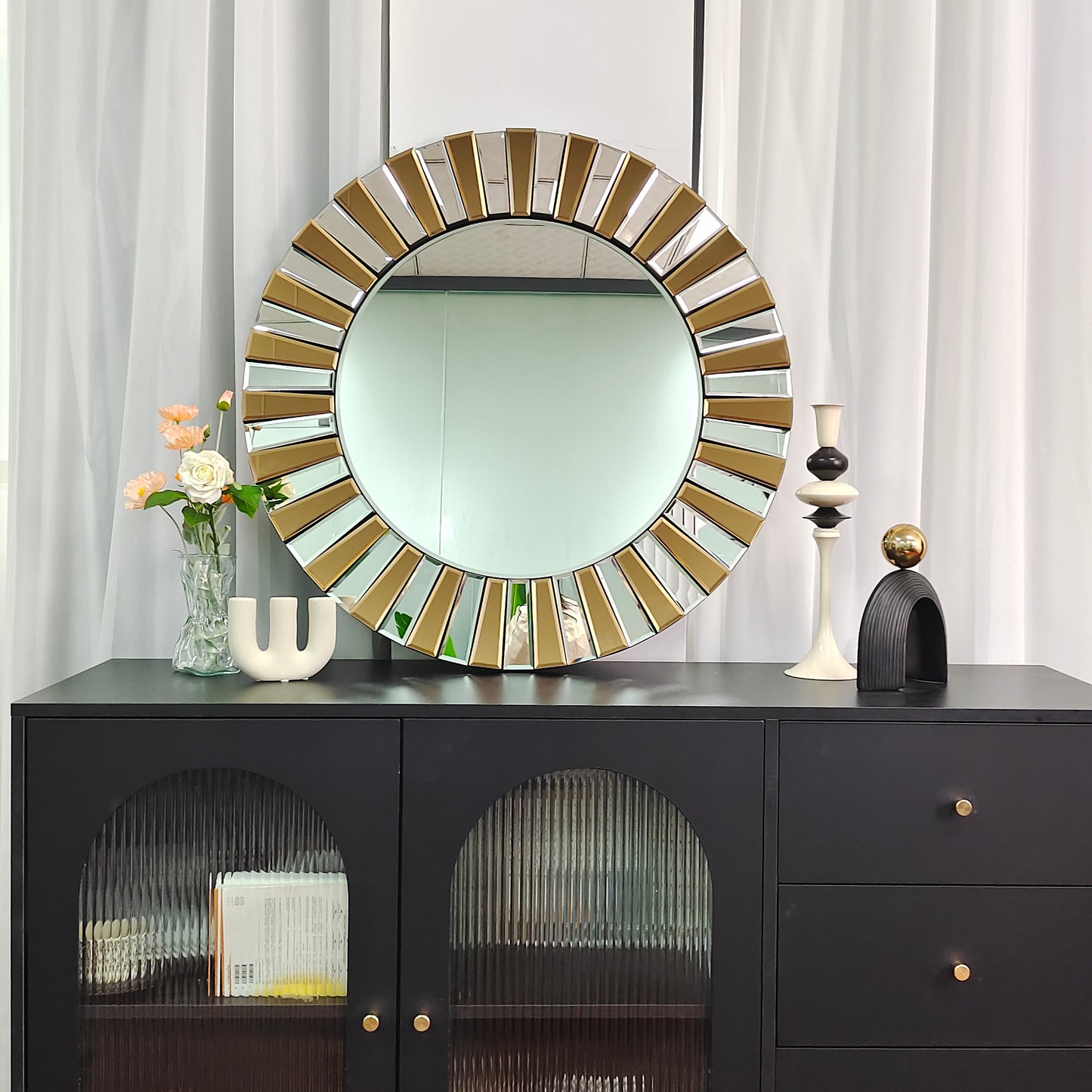Contemporary Decorative Wall Mirror Round Starburst Mirror w/ Glass Beveled Edge for Living Room