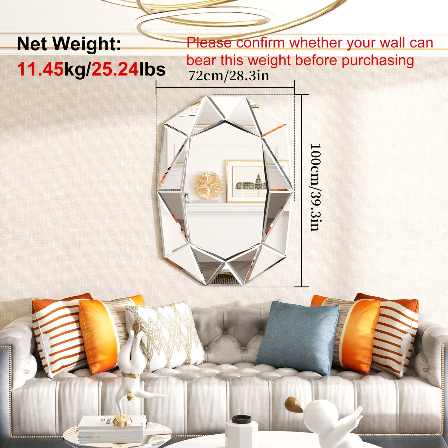 Asymmetrical Decorative Wall Mirror with Beveled Diamond Pieces