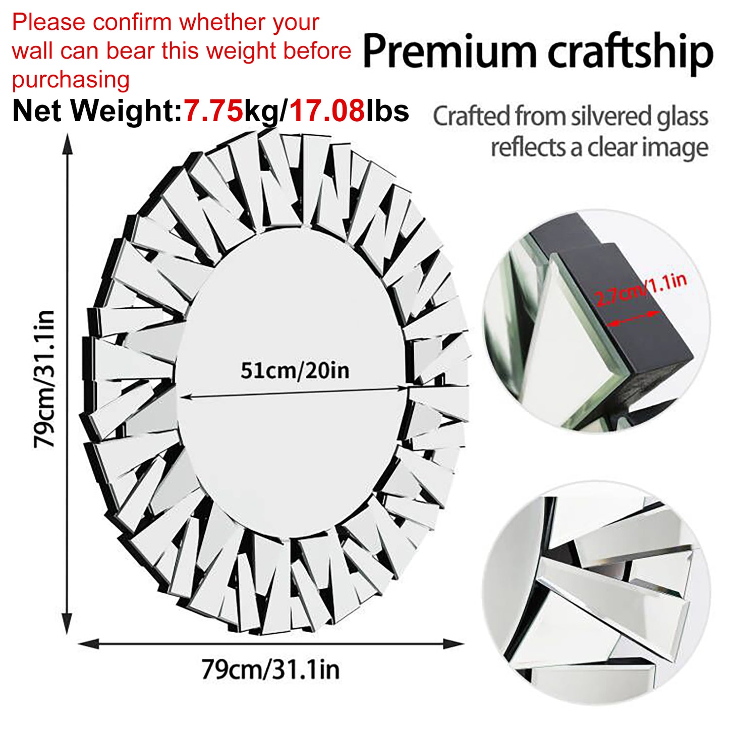 31.5” Round Wall-mounted Sunburst Mirror Silver Glass Accent Mirror for Living Room