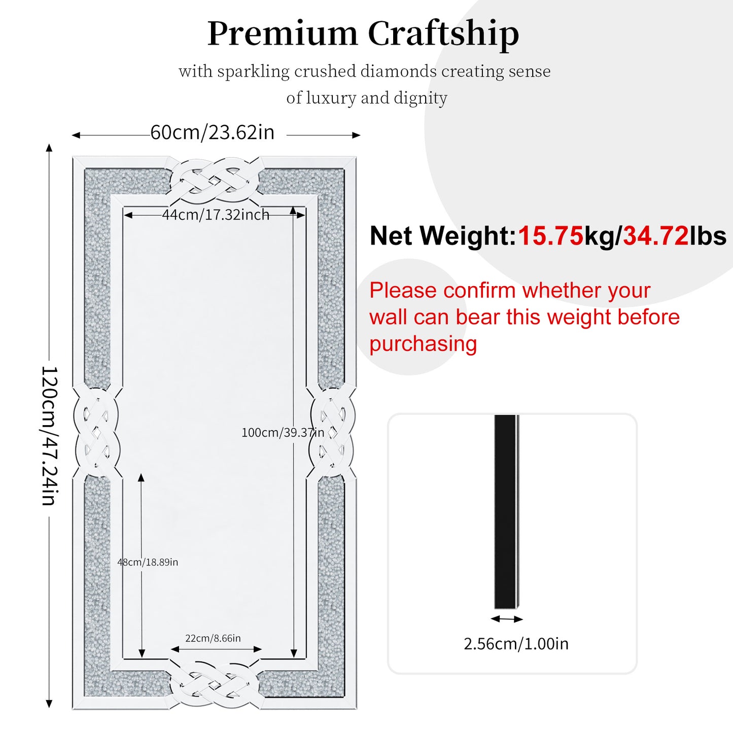 Large Crystal Crush Diamond Mirror for Wall Decor for for Living Room Bedroom Entryway