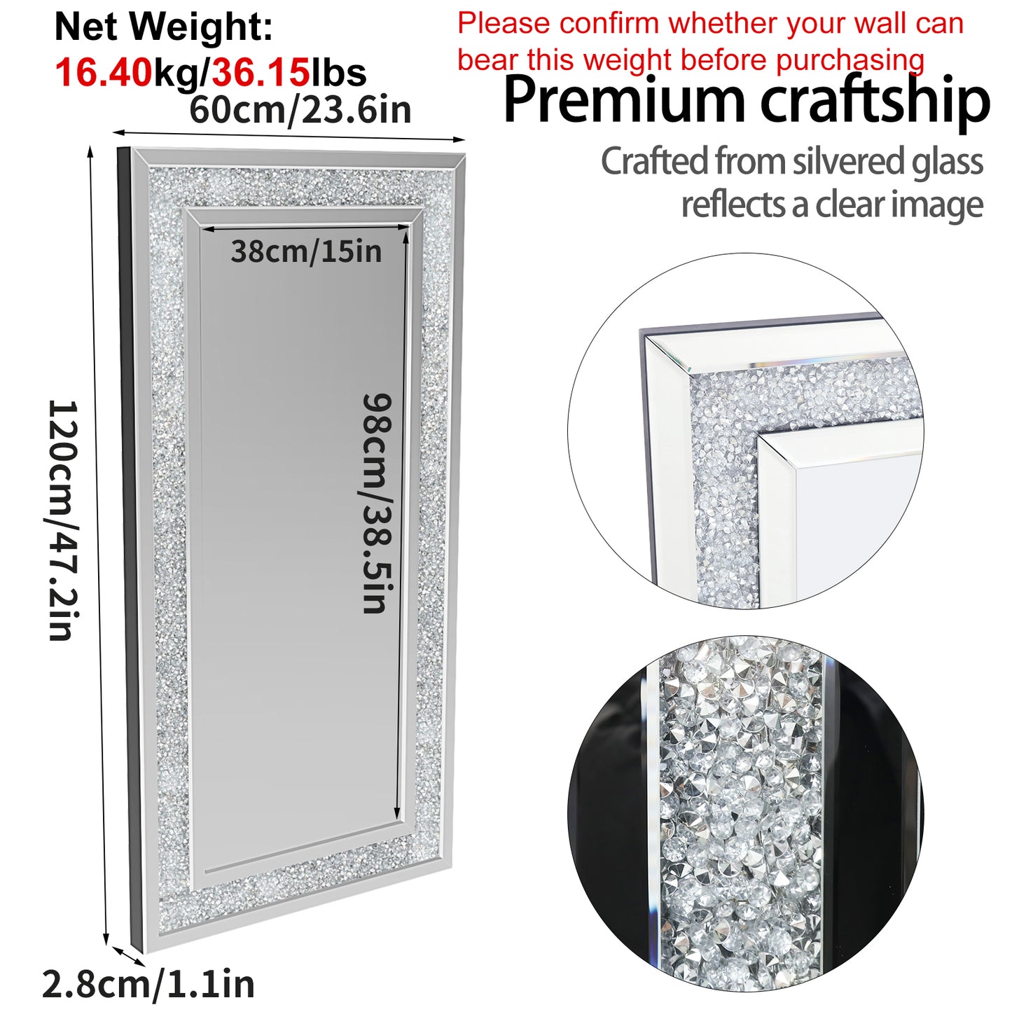 47.2x23.6inch Luxury Decorative Wall Mirror Rectangle Crushed Diamond Mirror