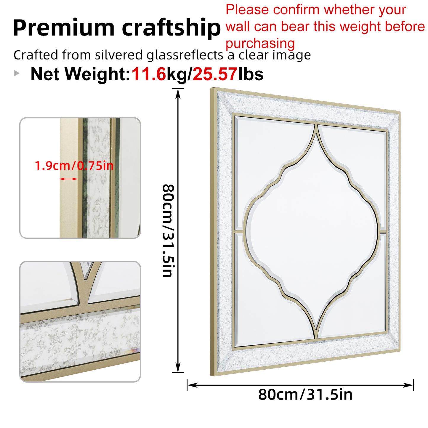 Elegant Square Wall Silver Glass Decorative Accent Mirror Golden Rim for Hallway