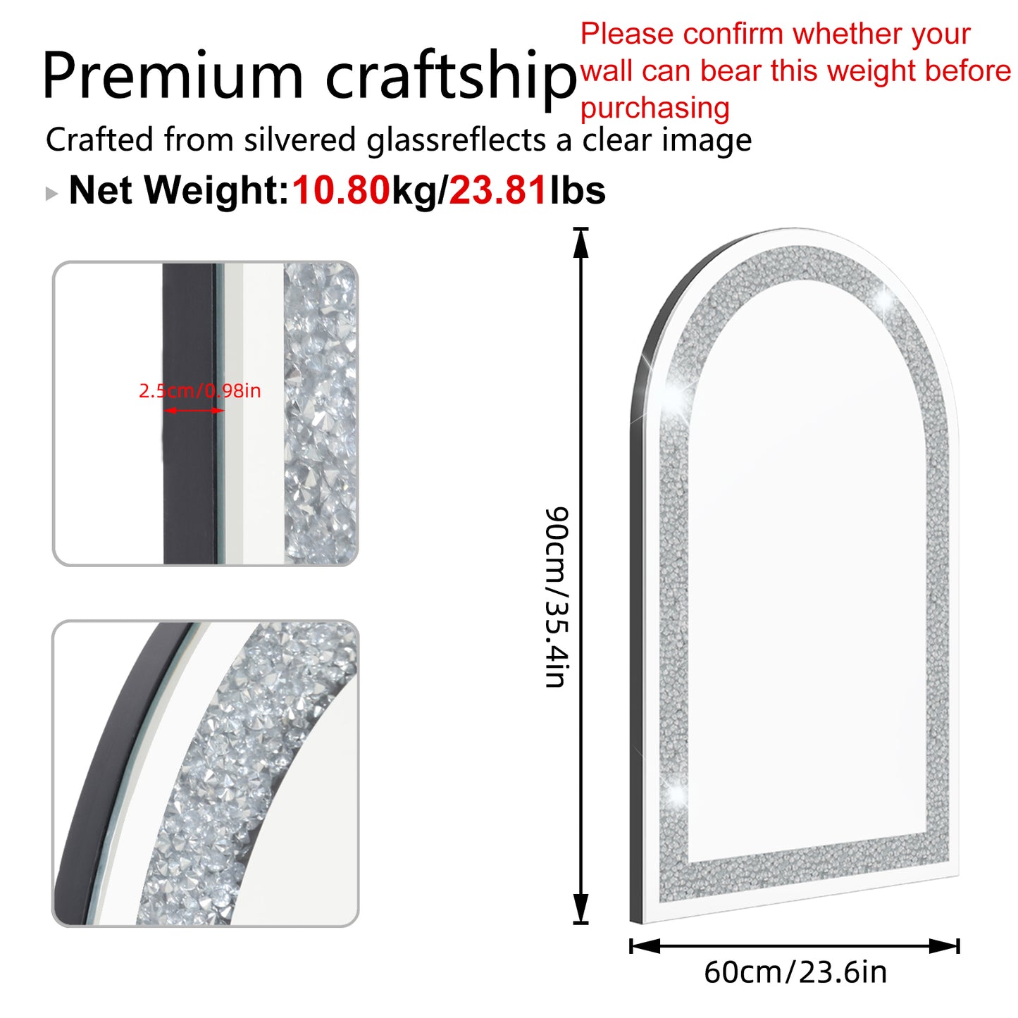 Arched Crystal Crushed Diamond Wall Mirror for Bedroom Living Room Entryway 23x35"