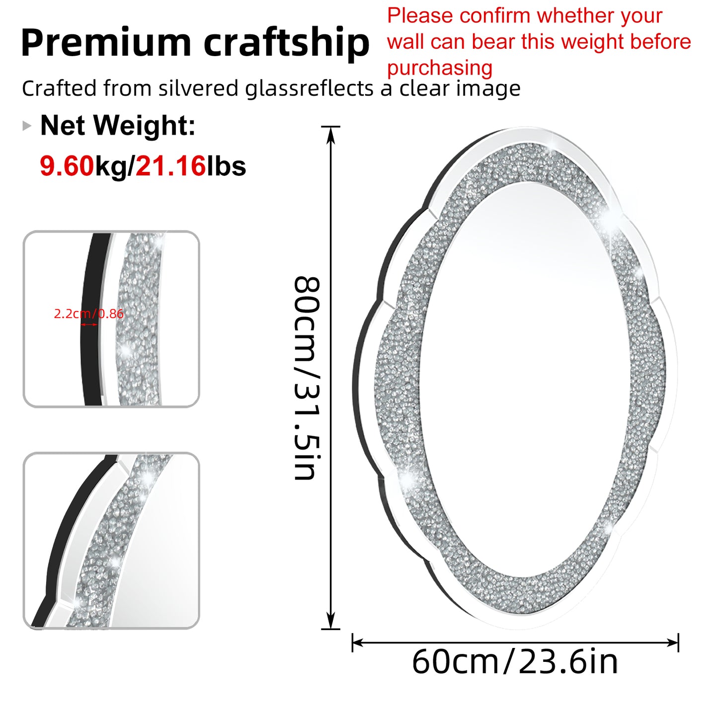 Crystal Crushed Diamond Mirror Cloud Shape Silver Mirror 23.6x31.5 inch