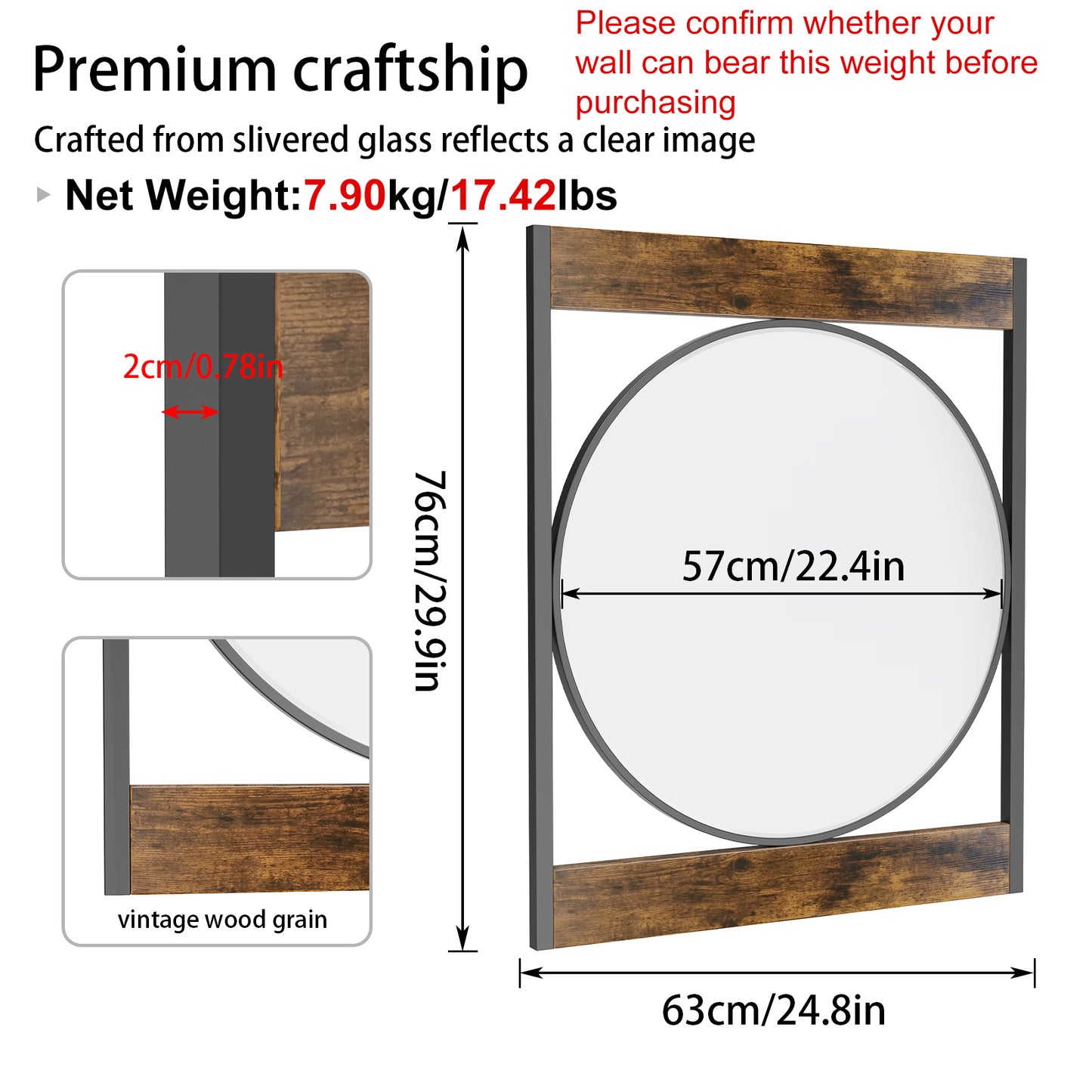 Industrial Retro Metal Round Wall Mirror with Square Wood Frame