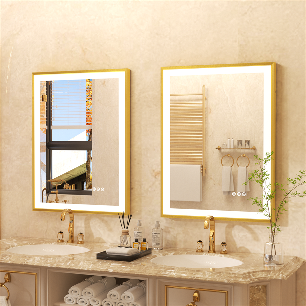 LUVODI Square LED Bathroom Mirror with Gold Aluminum Alloy Narrow Frame Defogging 3 Color