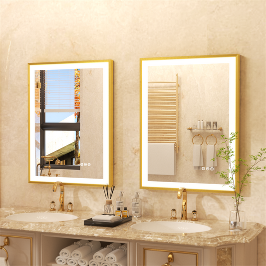 LUVODI Square LED Bathroom Mirror with Gold Aluminum Alloy Narrow Frame Defogging 3 Color