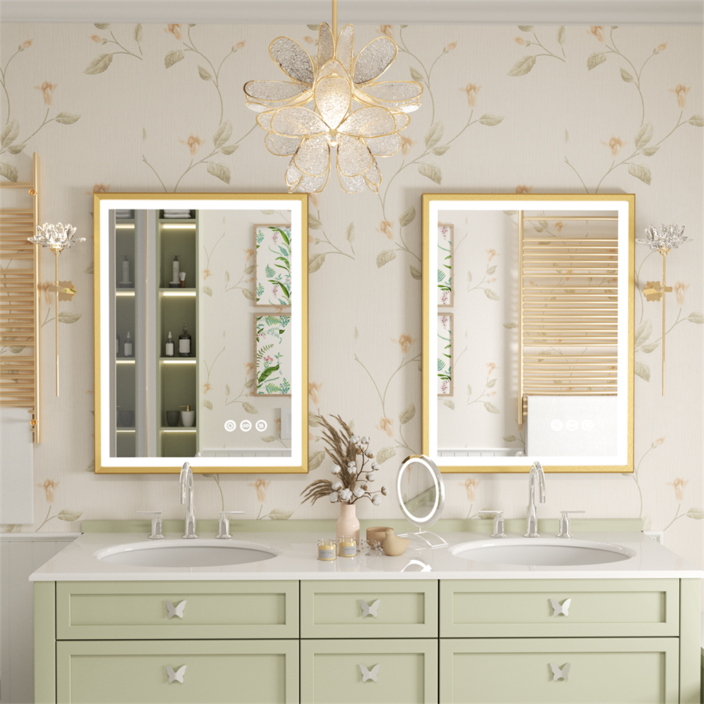 LUVODI Square LED Bathroom Mirror with Gold Aluminum Alloy Narrow Frame Defogging 3 Color