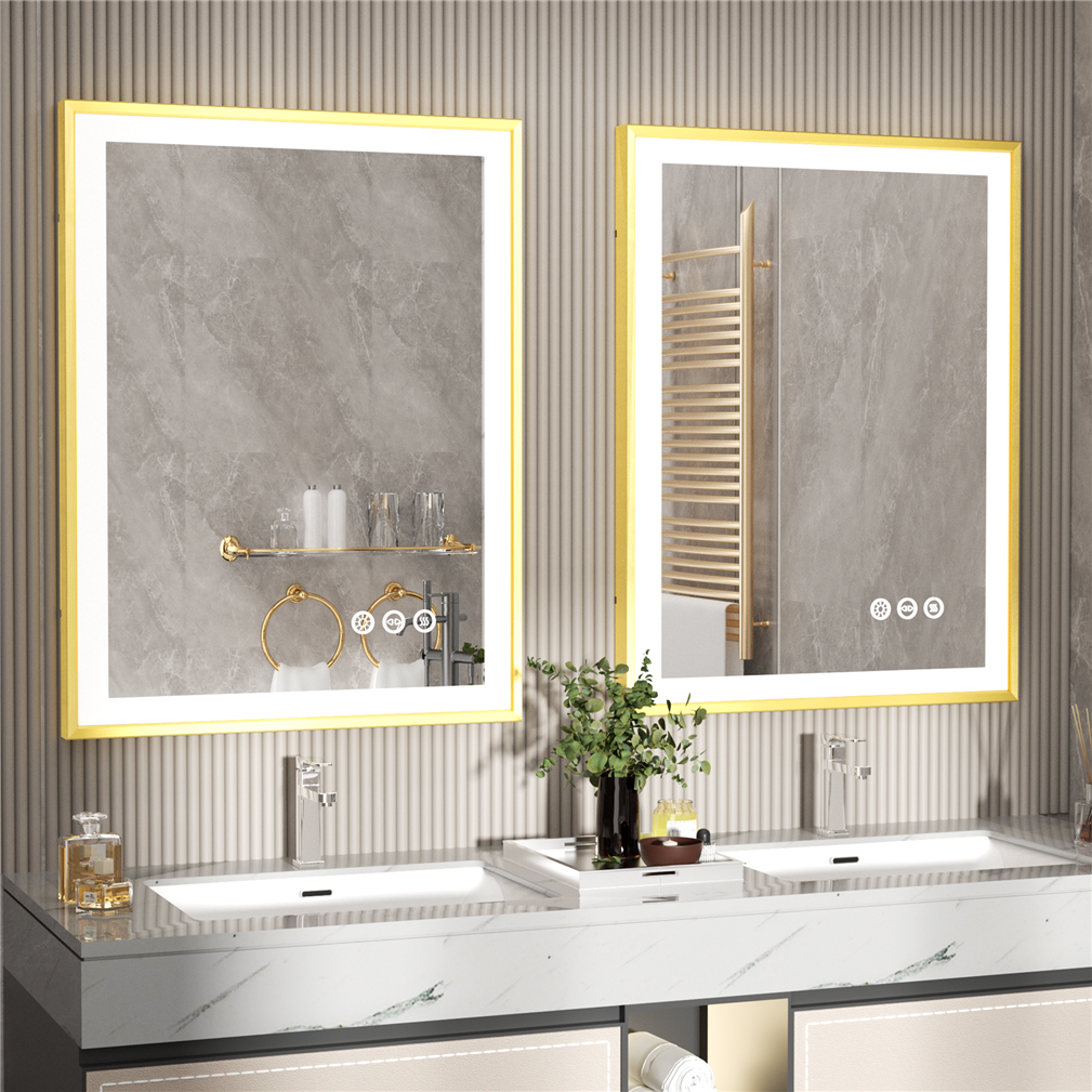 LUVODI Square LED Bathroom Mirror with Gold Aluminum Alloy Narrow Frame Defogging 3 Color