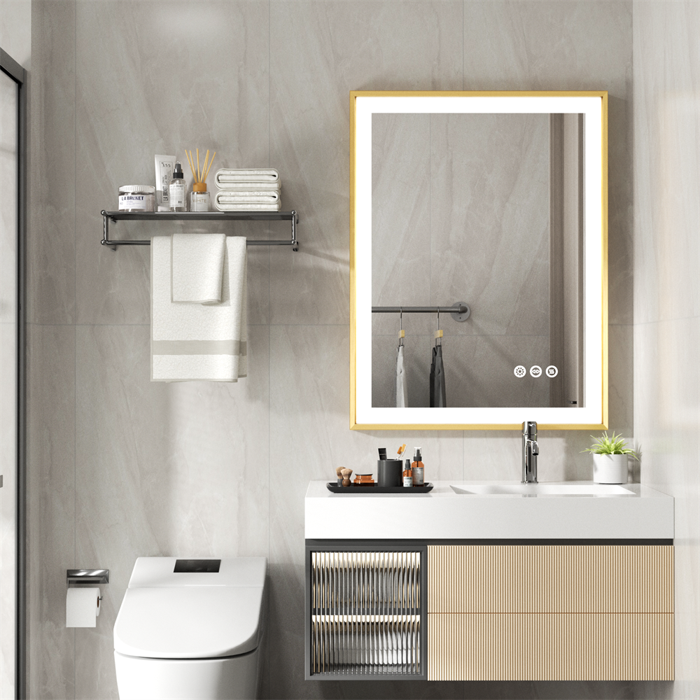 LUVODI Square LED Bathroom Mirror with Gold Aluminum Alloy Narrow Frame Defogging 3 Color