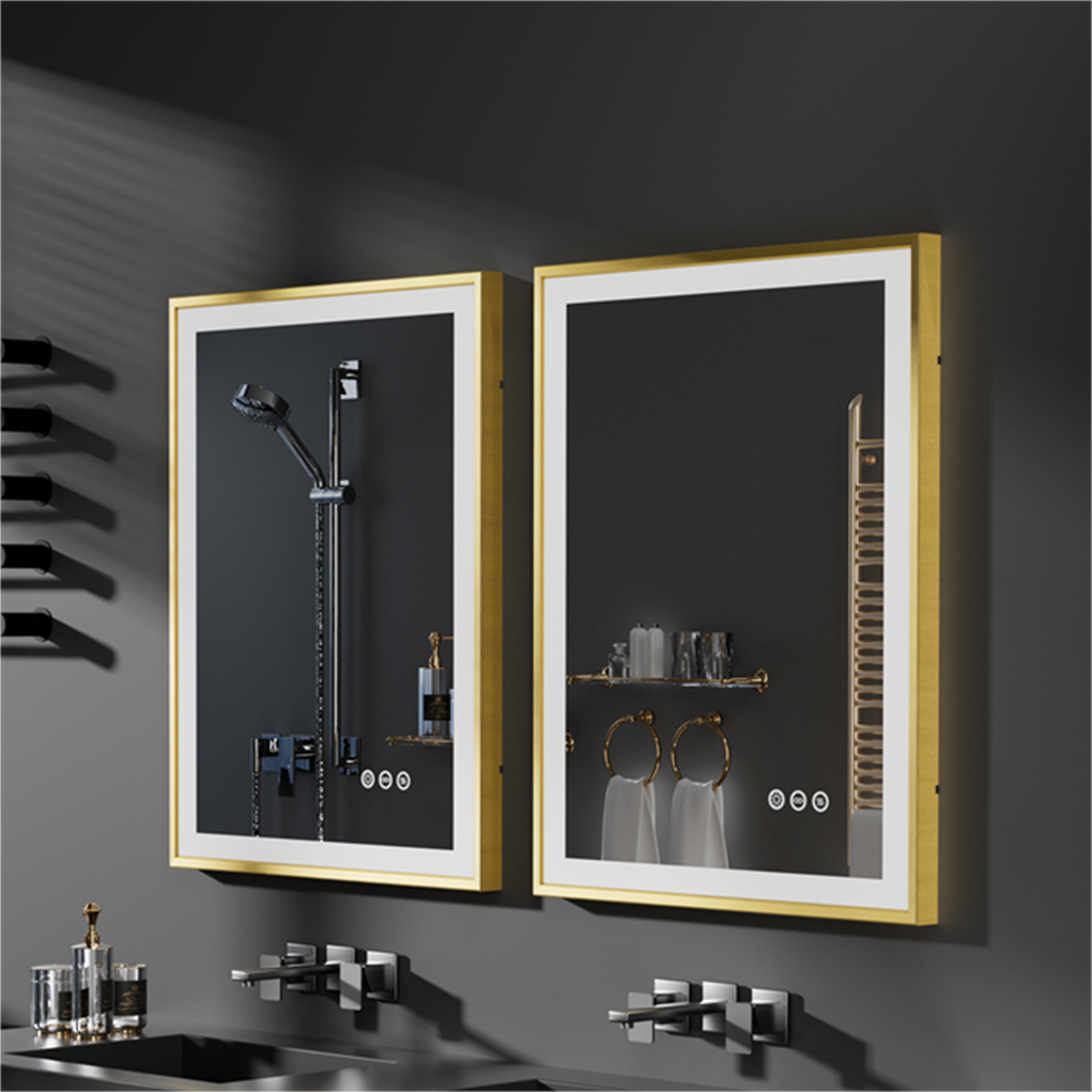 LUVODI Square LED Bathroom Mirror with Gold Aluminum Alloy Narrow Frame Defogging 3 Color