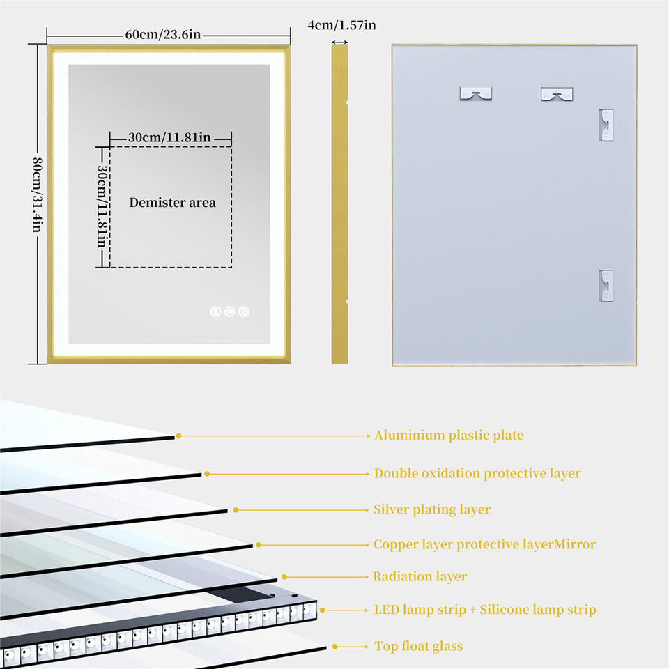 LUVODI Square LED Bathroom Mirror with Gold Aluminum Alloy Narrow Frame Defogging 3 Color