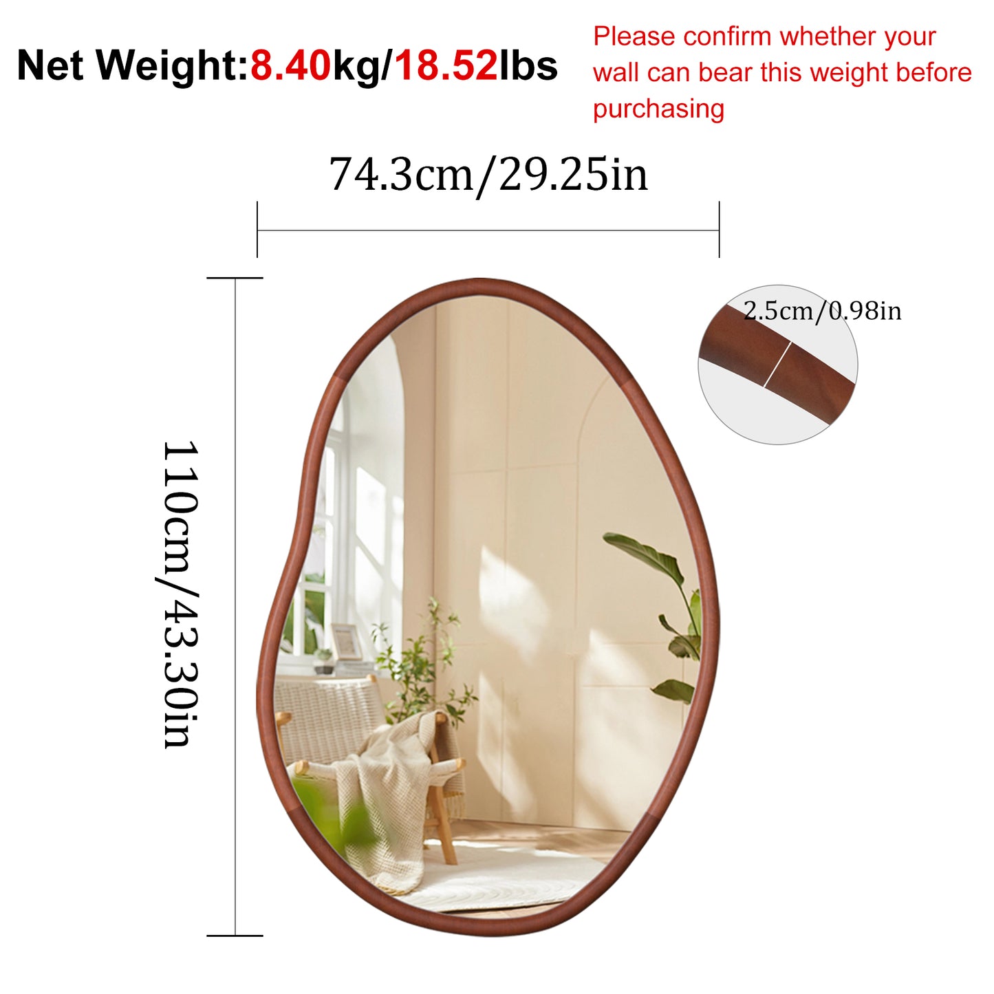 Mid Century Asymmetrical Wall Mirror Wood Frame Irregular Wall Mirror