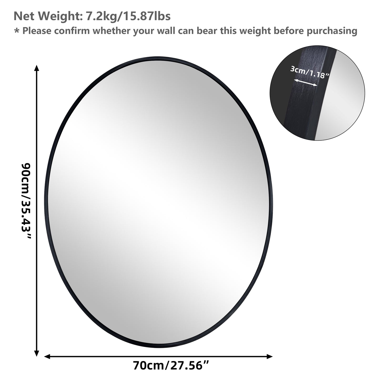 Oval Wall Mirror with Black Frame for Living Room, Bedroom