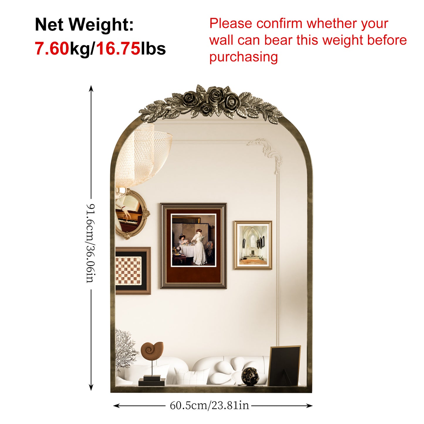Vintage Arched Art Mirror with Flower Relief Frame for Living Room, Fireplace, 23.8”x36”