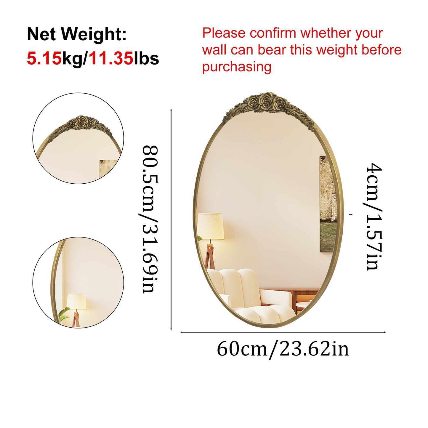 Oval Mirror with Rose Antique Gold Frame 23.6x31.6 Inch