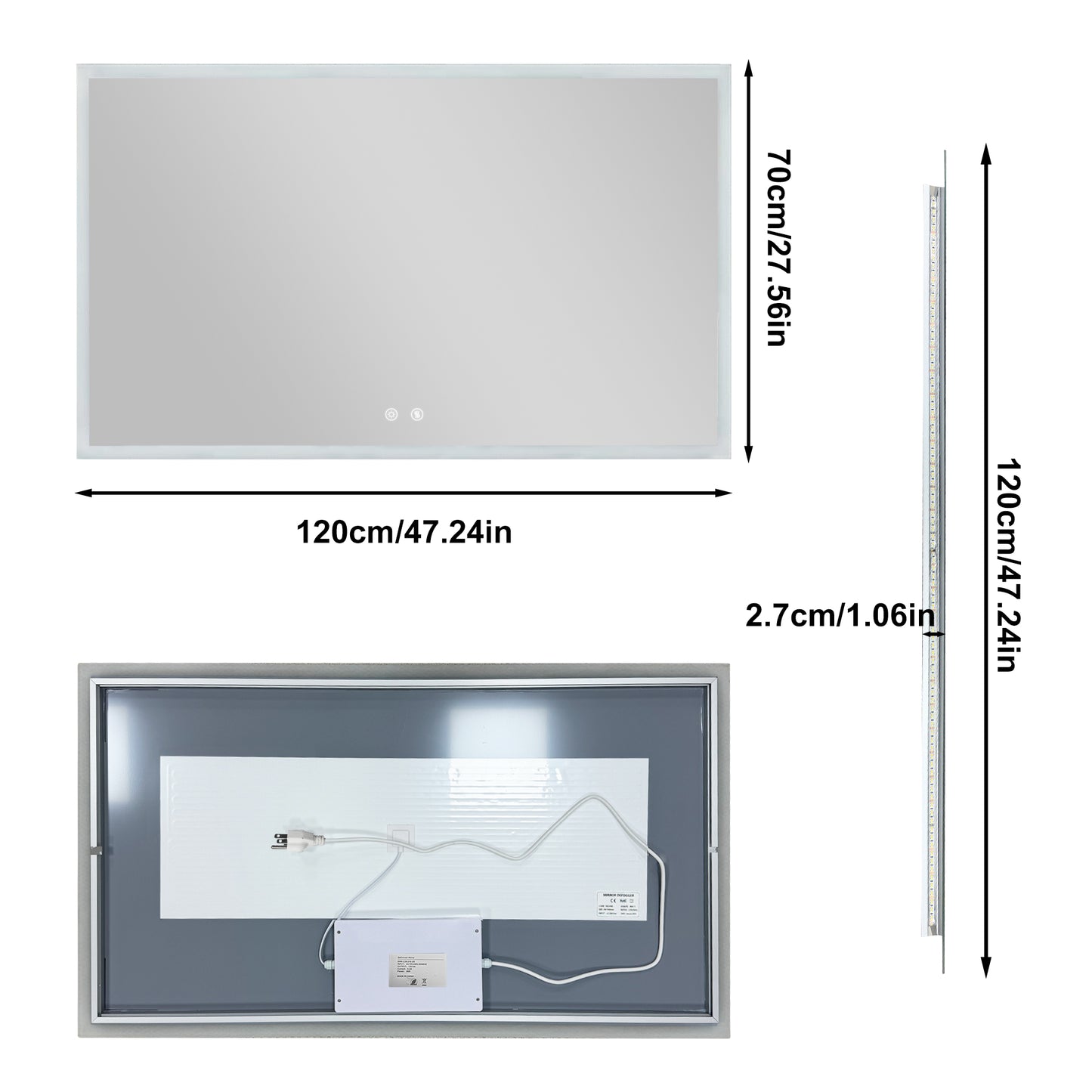 LUVODI Rectangular LED Bathroom Mirror with Defogger, Front-Lit Wall Mounted Vanity Mirror