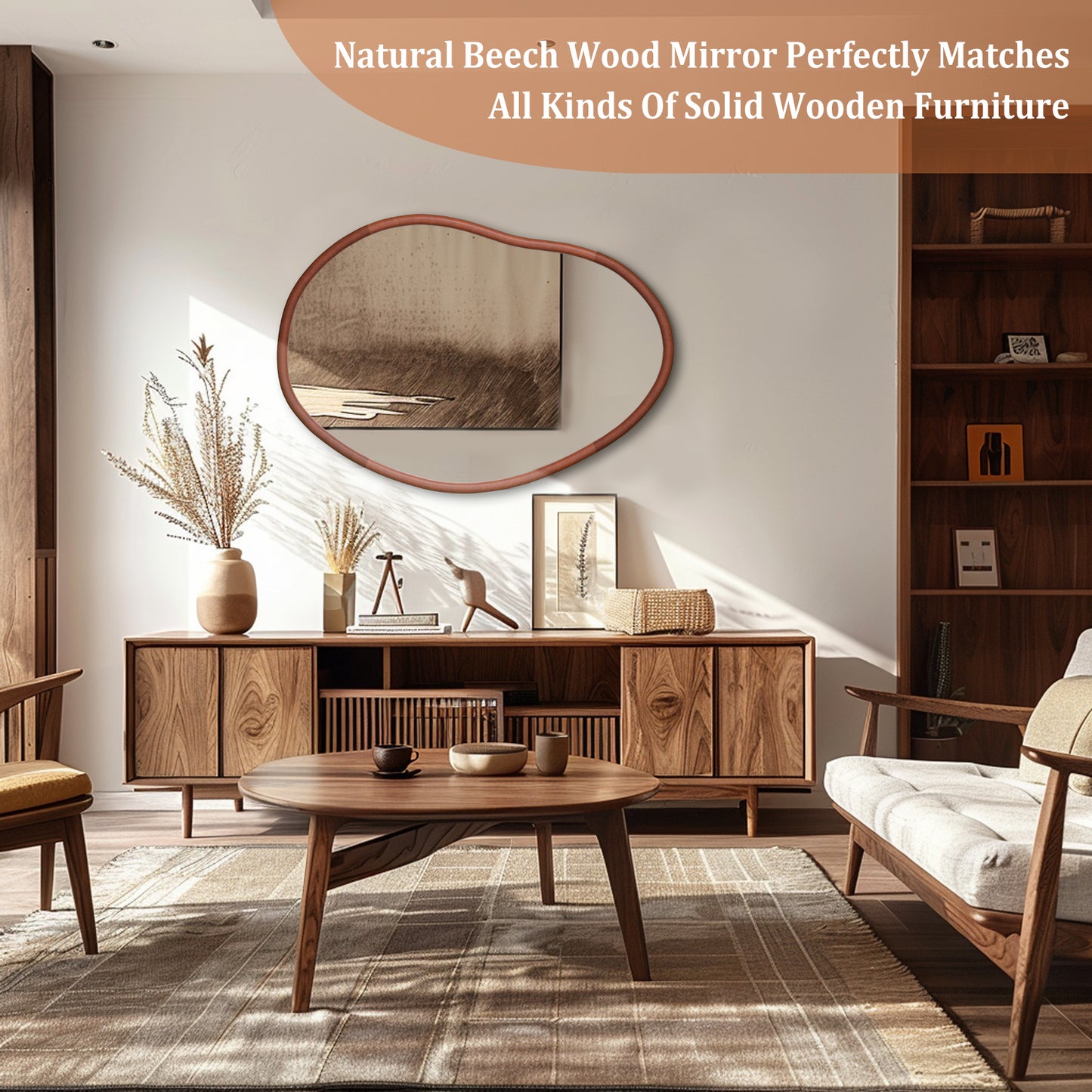 Mid Century Asymmetrical Wall Mirror Wood Frame Irregular Wall Mirror