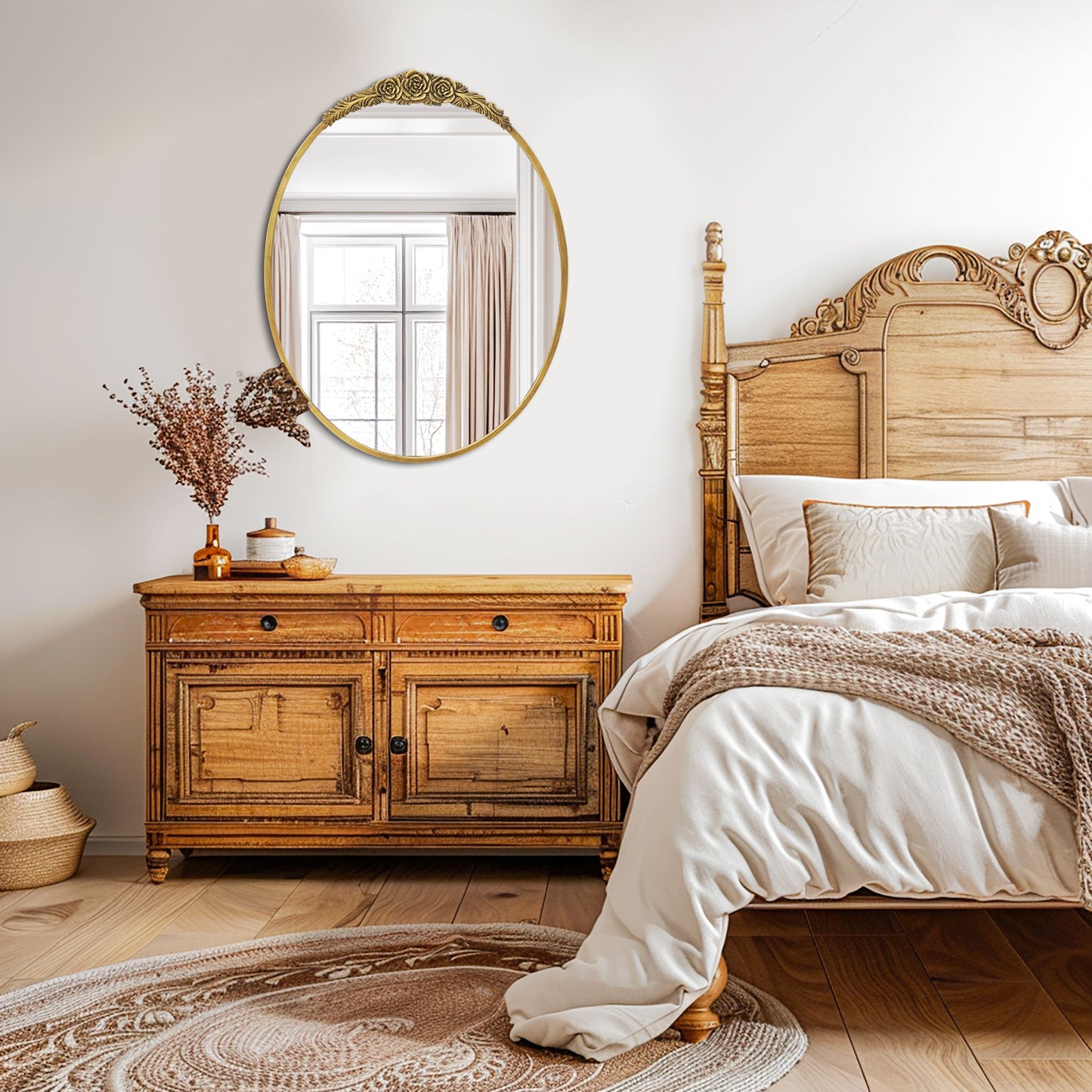 Oval Mirror with Rose Antique Gold Frame 23.6x31.6 Inch