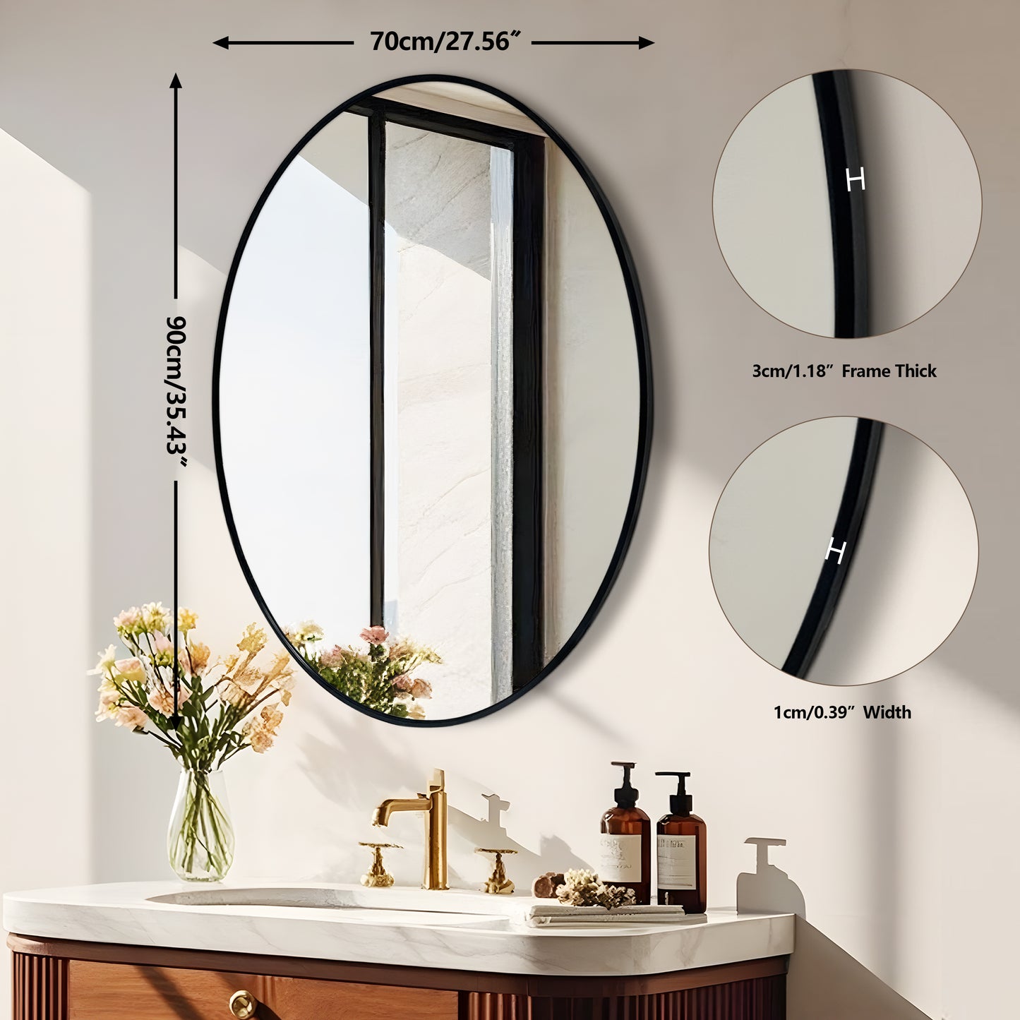 Oval Wall Mirror with Black Frame for Living Room, Bedroom