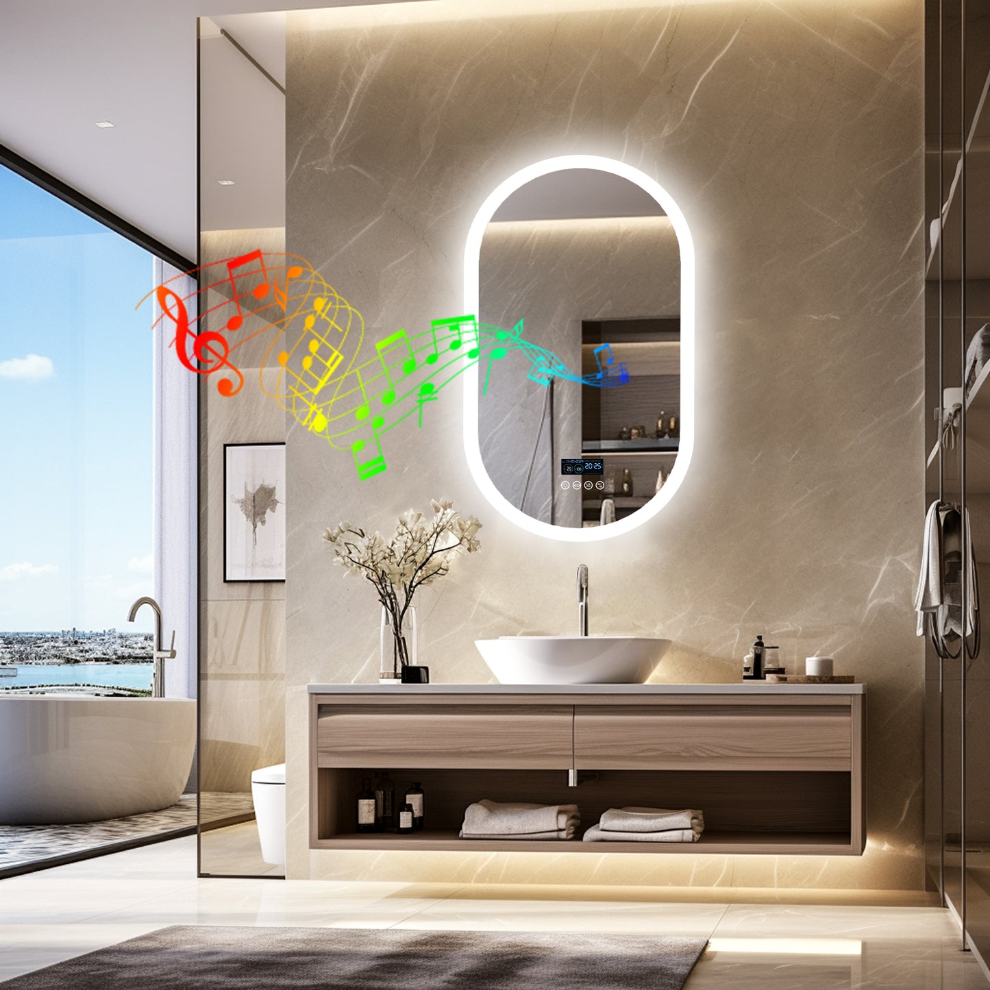 LUVODI Oval Bluetooth Bathroom Mirror 500*800mm Bluetooth Speaker Mirror Vertically Hanging
