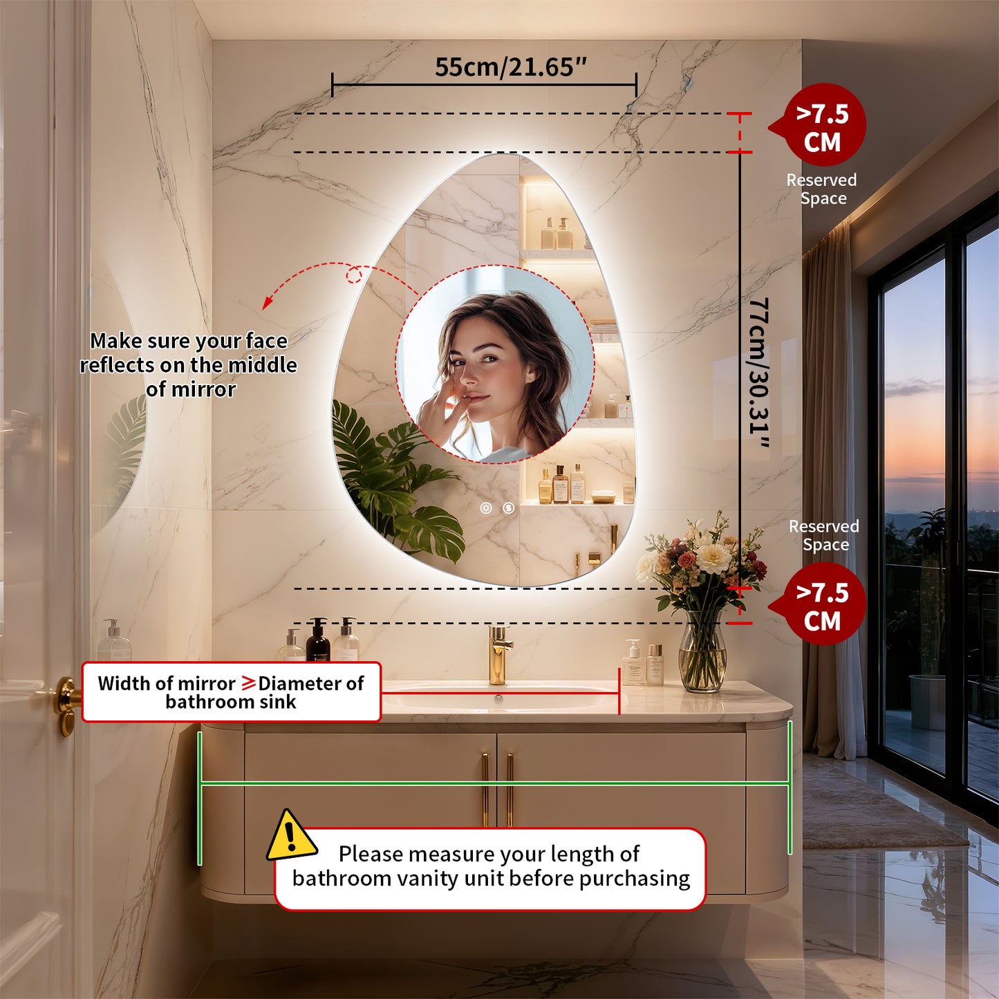 LUVODI Irregular LED Bathroom Mirror, Pebble Oval Backlit Vanity Mirror, Tempered Glass Mirror (2 Buttons)