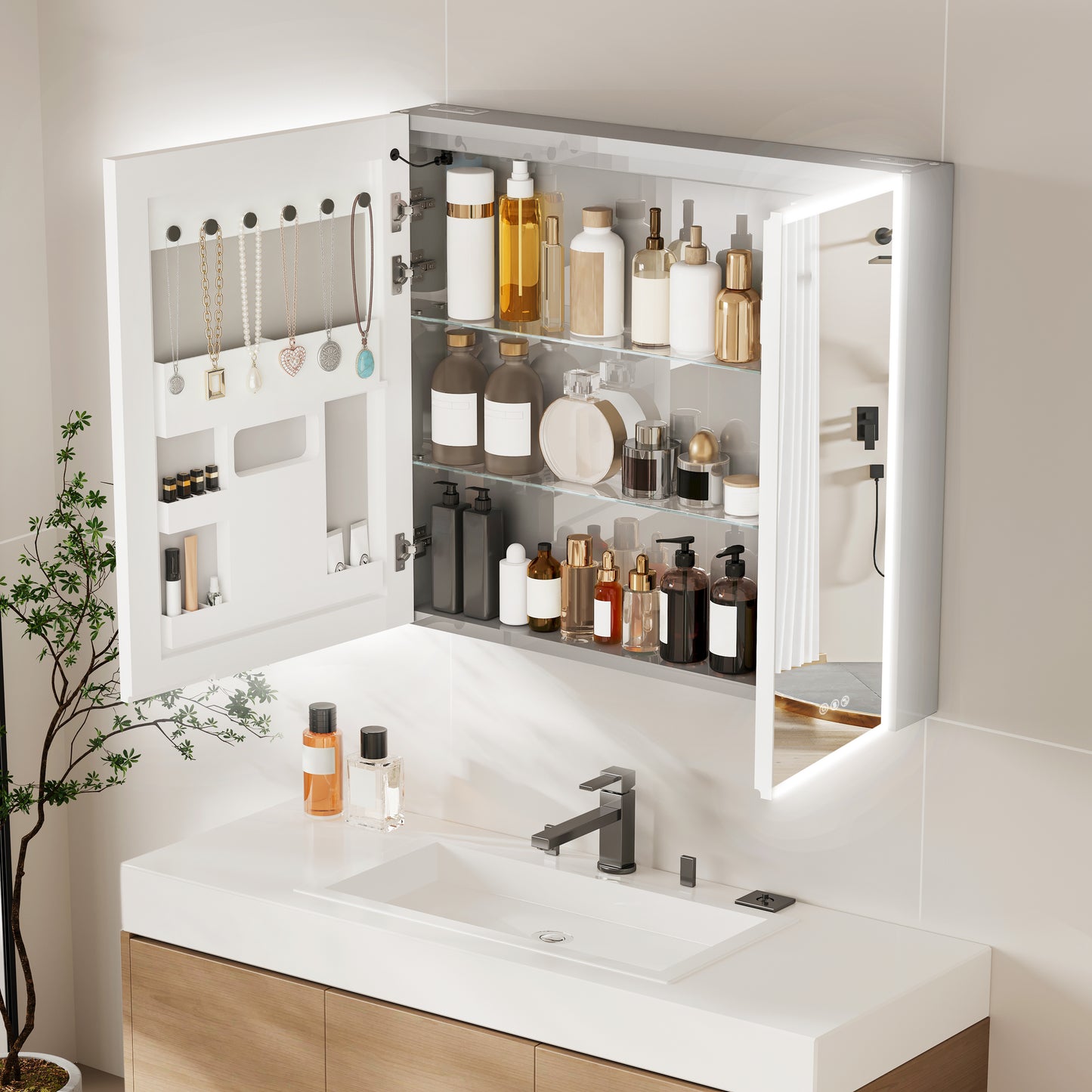 Luvodi - Botiquín LED de 32 x 28 pulgadas con espejo y Bluetooth para baño, antivaho y toma de corriente
