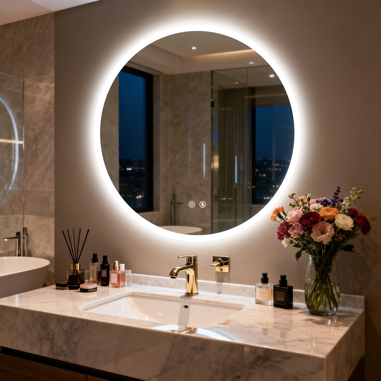 LUVODI 28 in Round Bathroom Mirror with Lights Tempered Glass(2 Buttons)