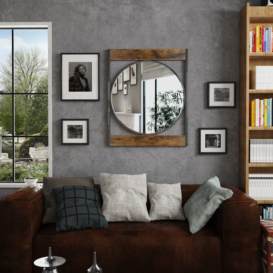 Industrial Retro Metal Round Wall Mirror with Square  Wood Frame