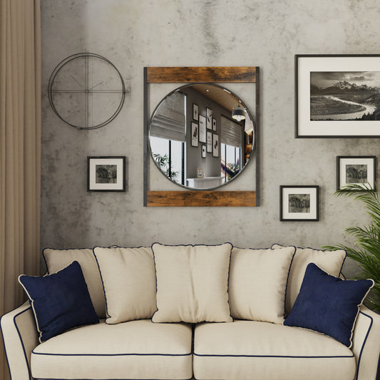 Industrial Retro Metal Round Wall Mirror with Square  Wood Frame
