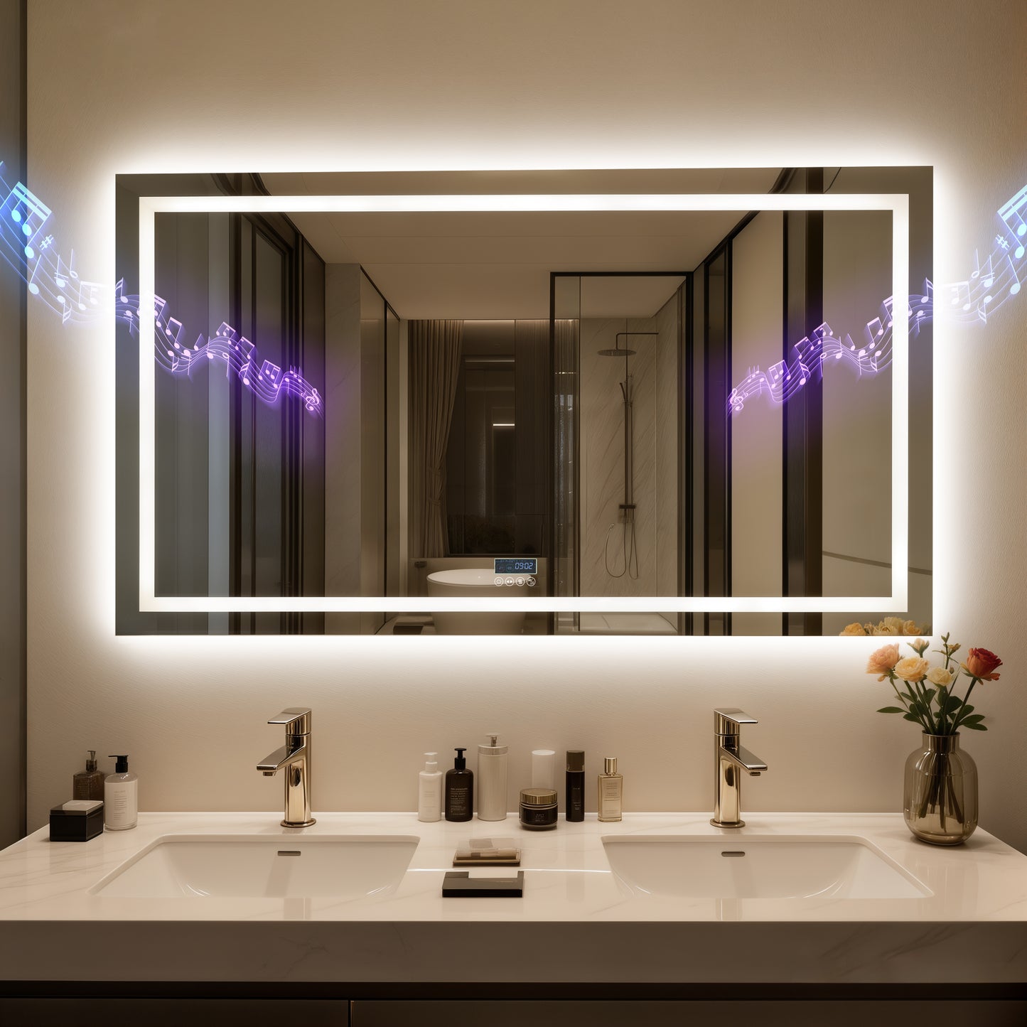LUVODI LED Bathroom Mirror with Bluetooth Speaker & Screen Display, Tempered Glass Anti Fog Vanity Mirror