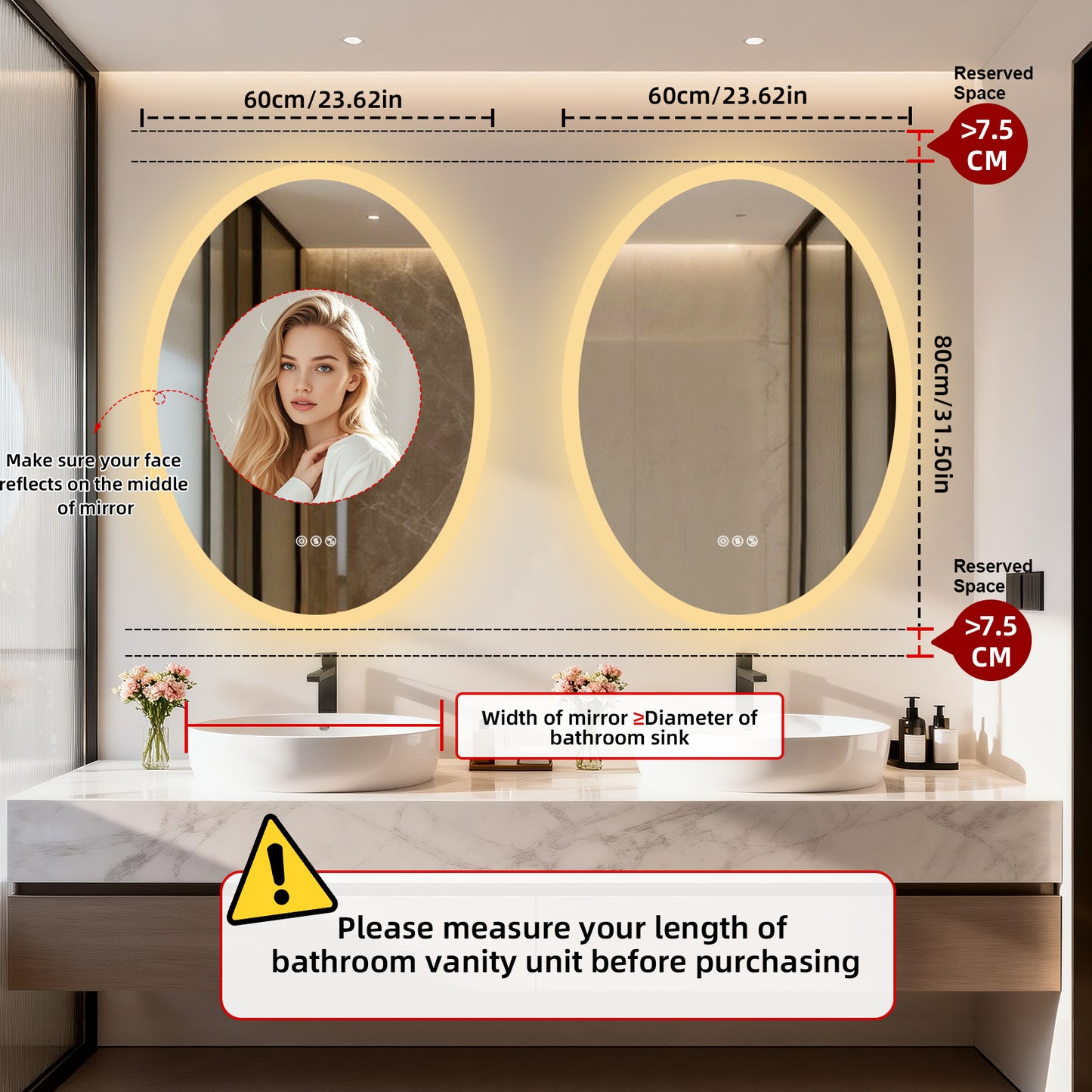 Espejo de baño LED con Bluetooth y altavoces LUVODI, antivaho e iluminado, 23,6 x 31,5 pulgadas