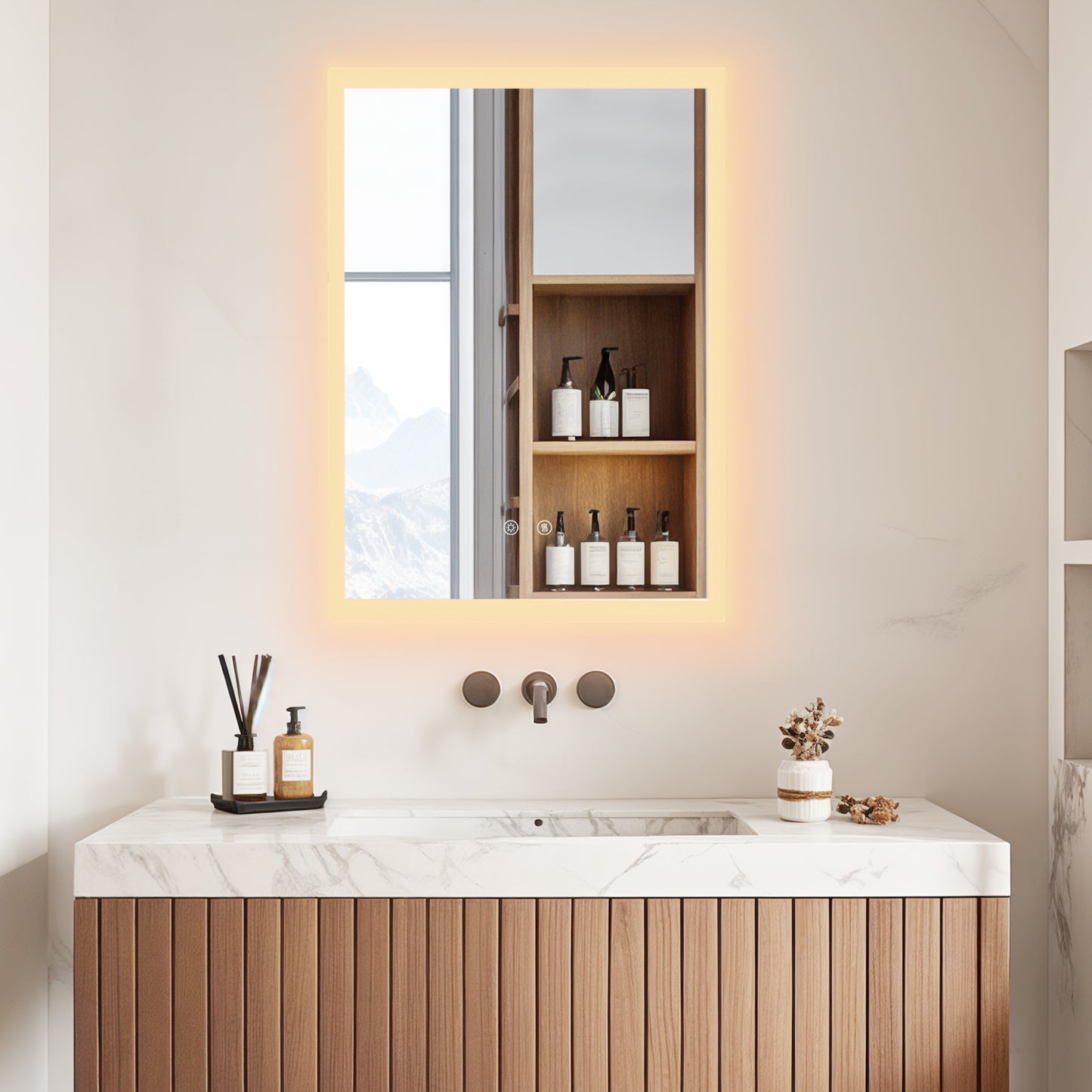 LUVODI Rectangular LED Bathroom Mirror with Lights, 2 Buttons (Glowing Outer Edge)
