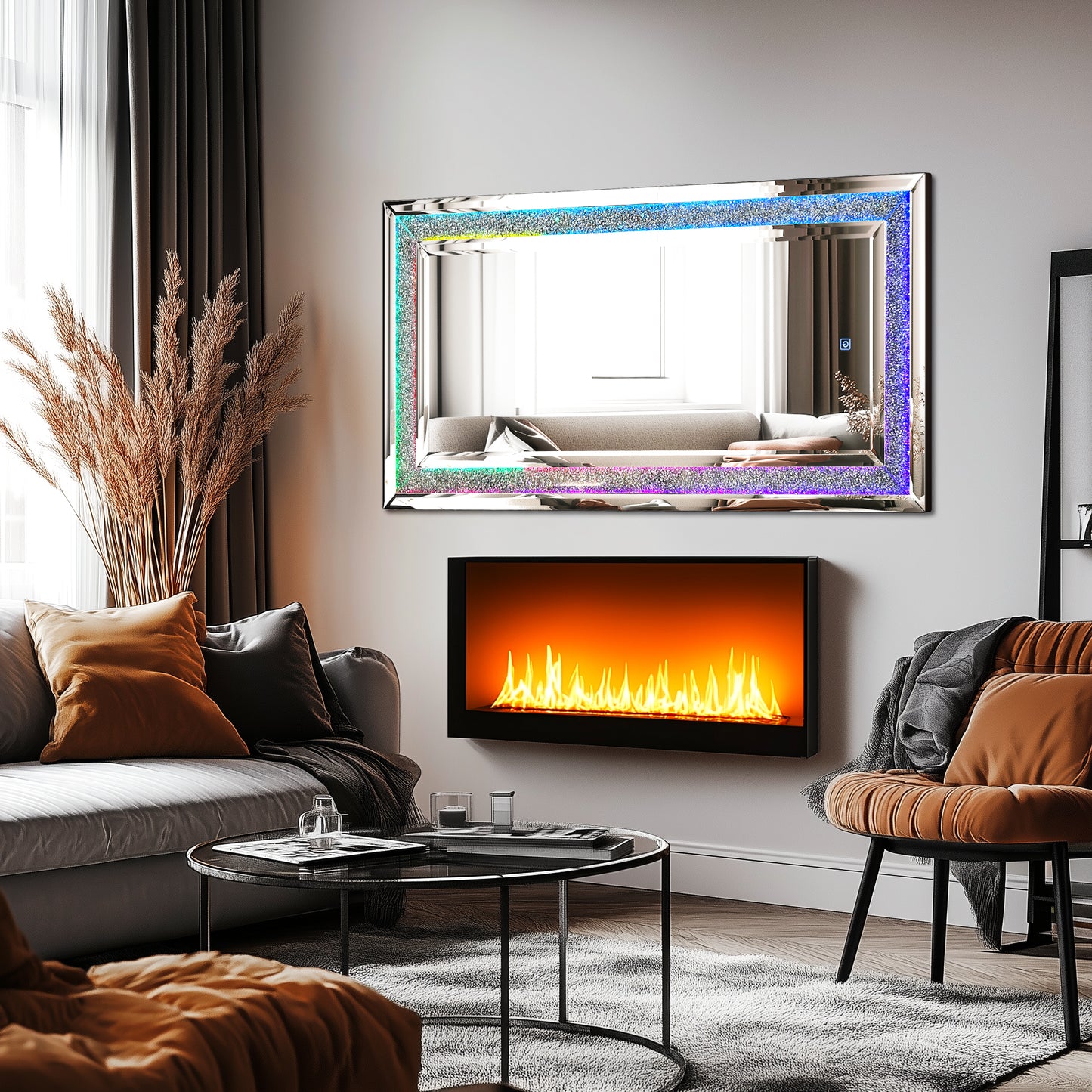 Full Length Mirror with RGB Lights Wall Hanging Mirror Crush Diamond Inlay for Living Room, Bedrooms, Cloakrooms